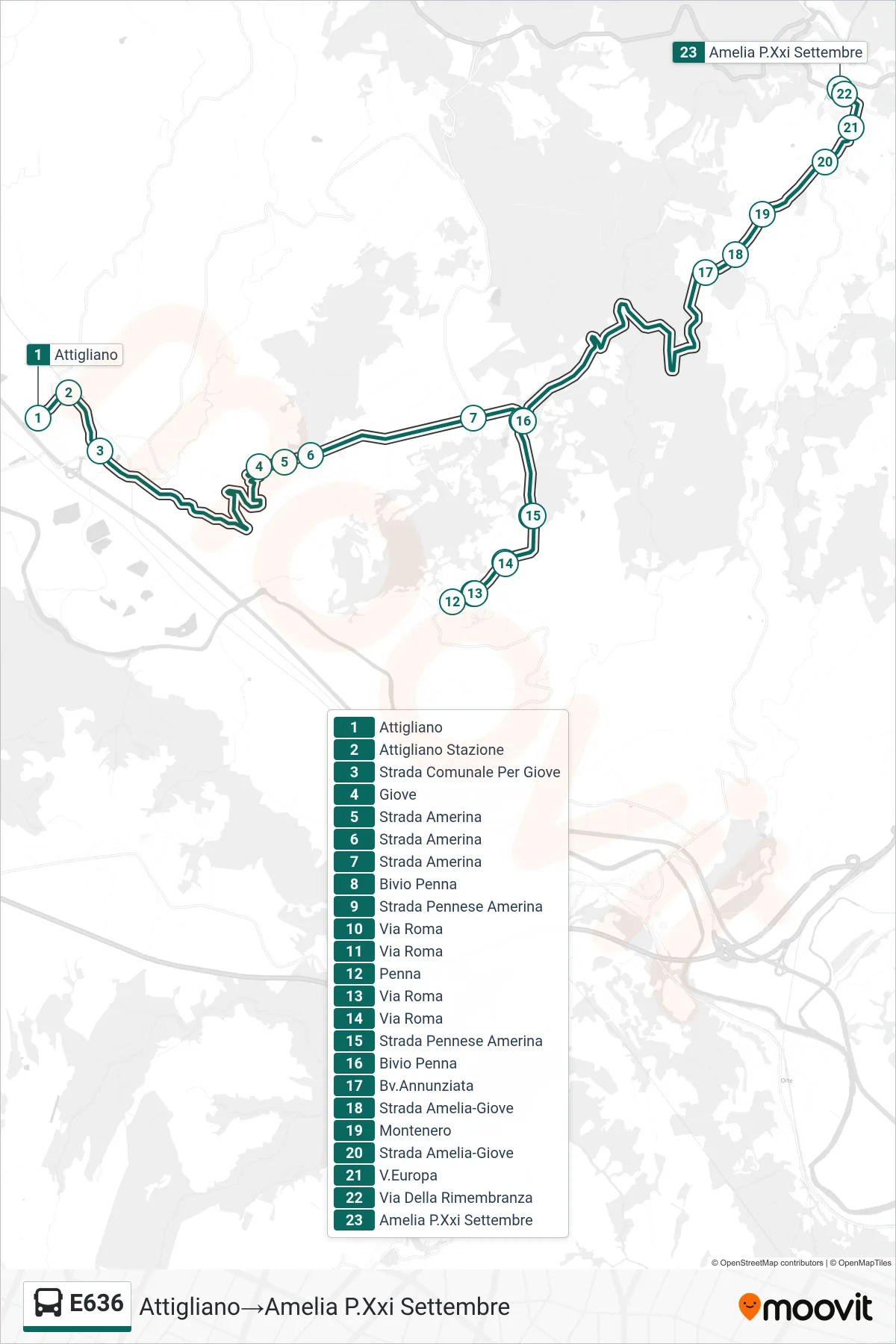 Linea E636  bus (Attigliano‎→Amelia P.Xxi Settembre) - Percorsi e fermate sulla mappa