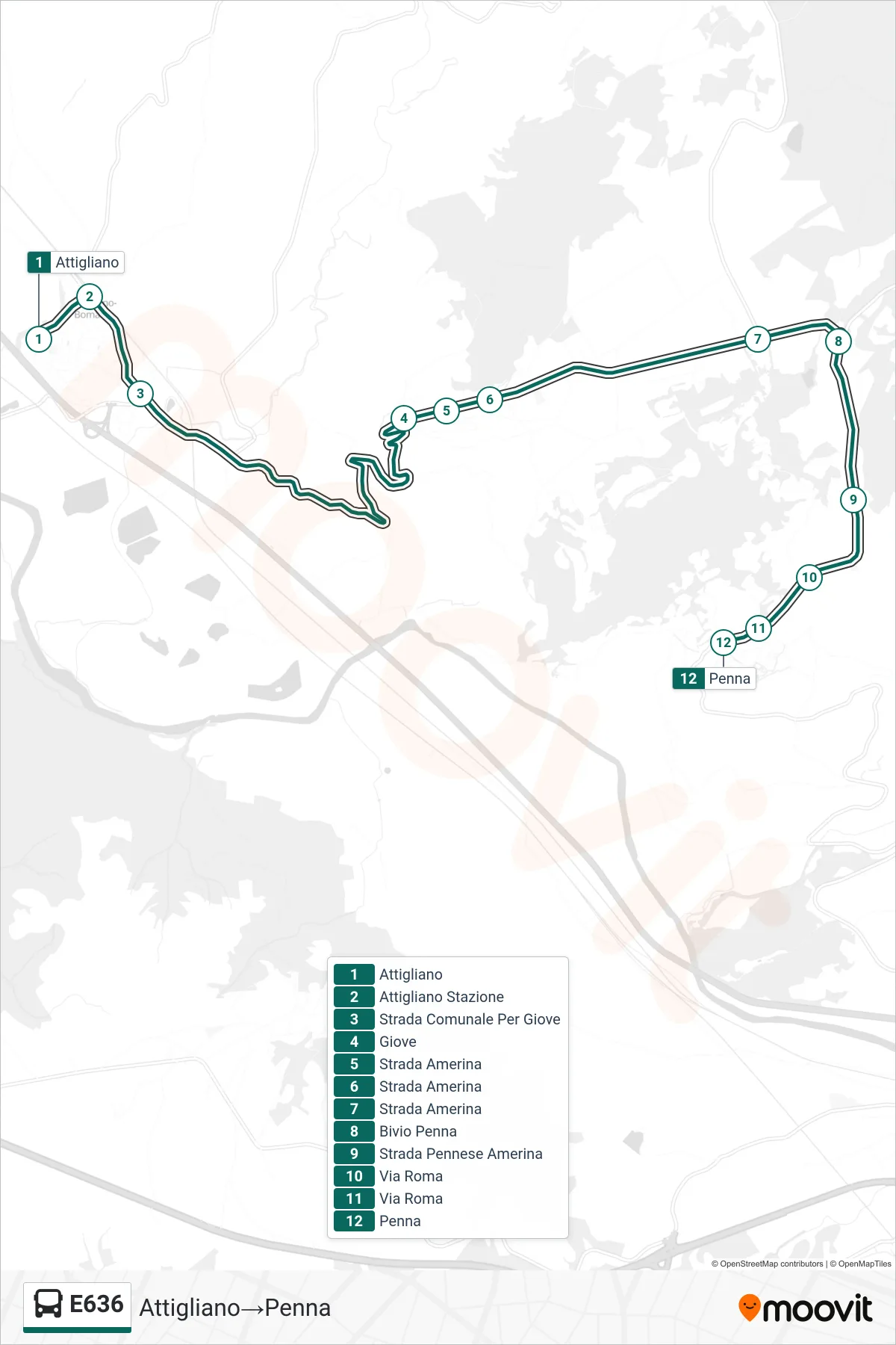 E636 bus Line (Attigliano→Penna) route and stops on a map