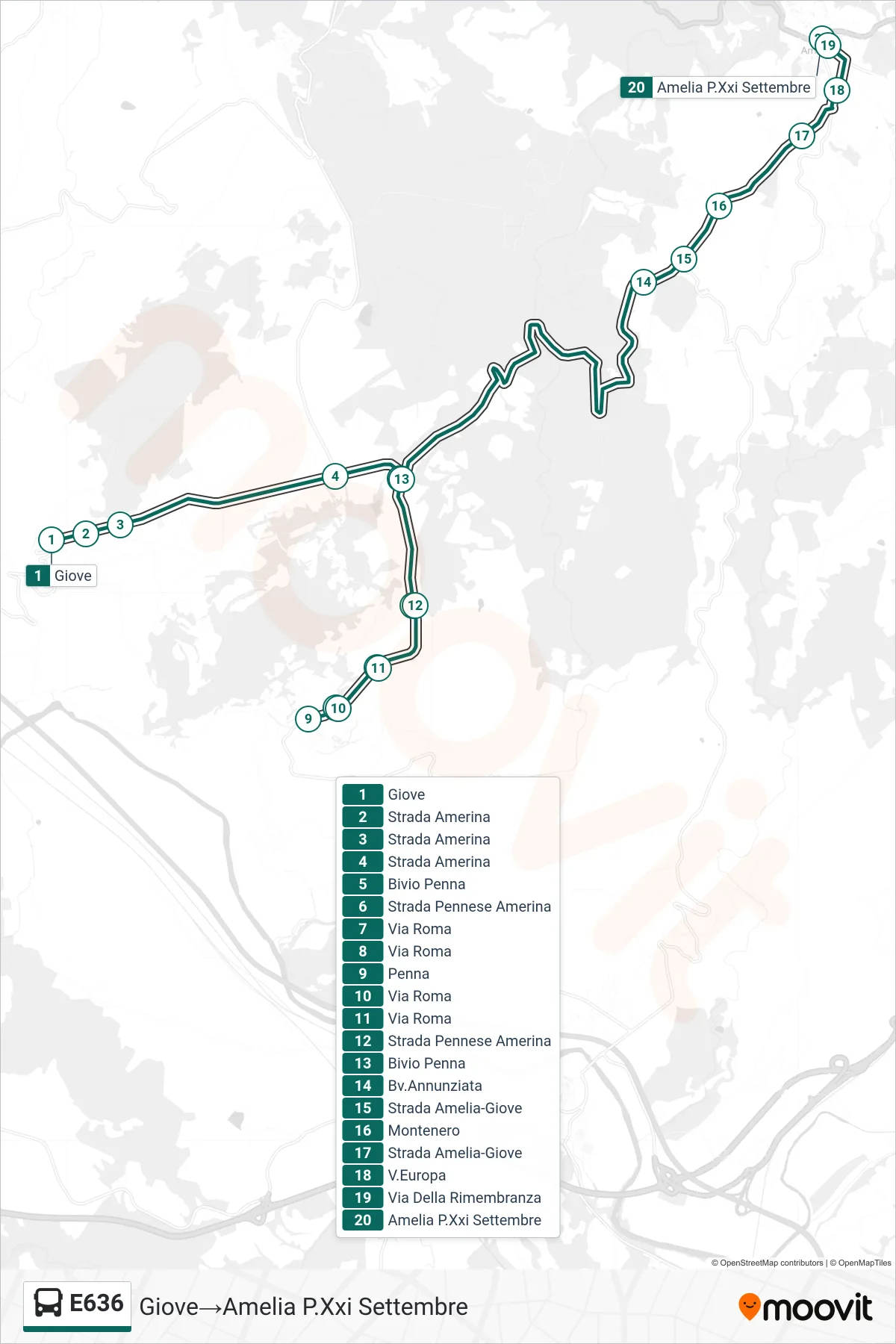 Linea E636 bus (Giove→Amelia P.Xxi Settembre) - Percorsi e fermate sulla mappa