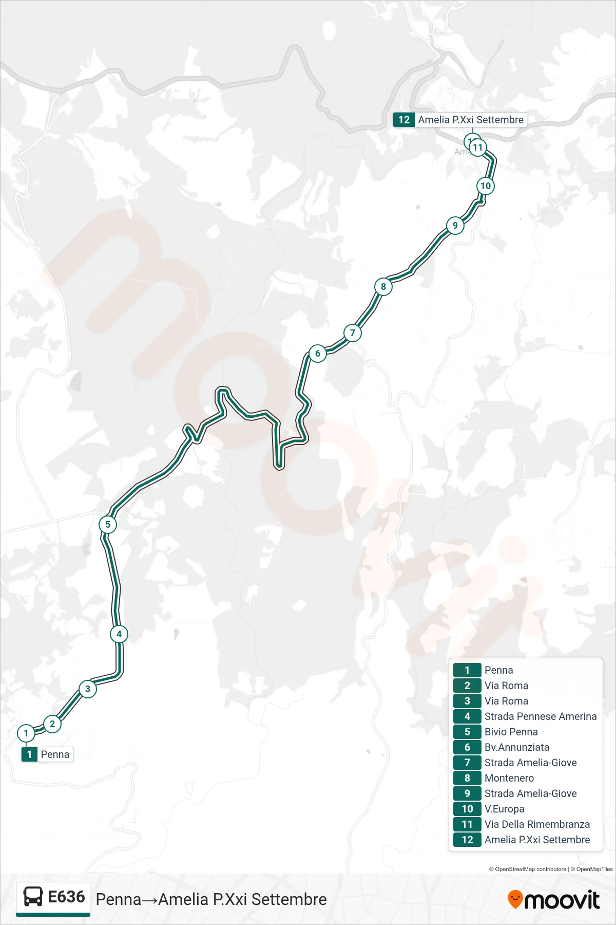 Linea E636  bus (Penna‎→Amelia P.Xxi Settembre) - Percorsi e fermate sulla mappa
