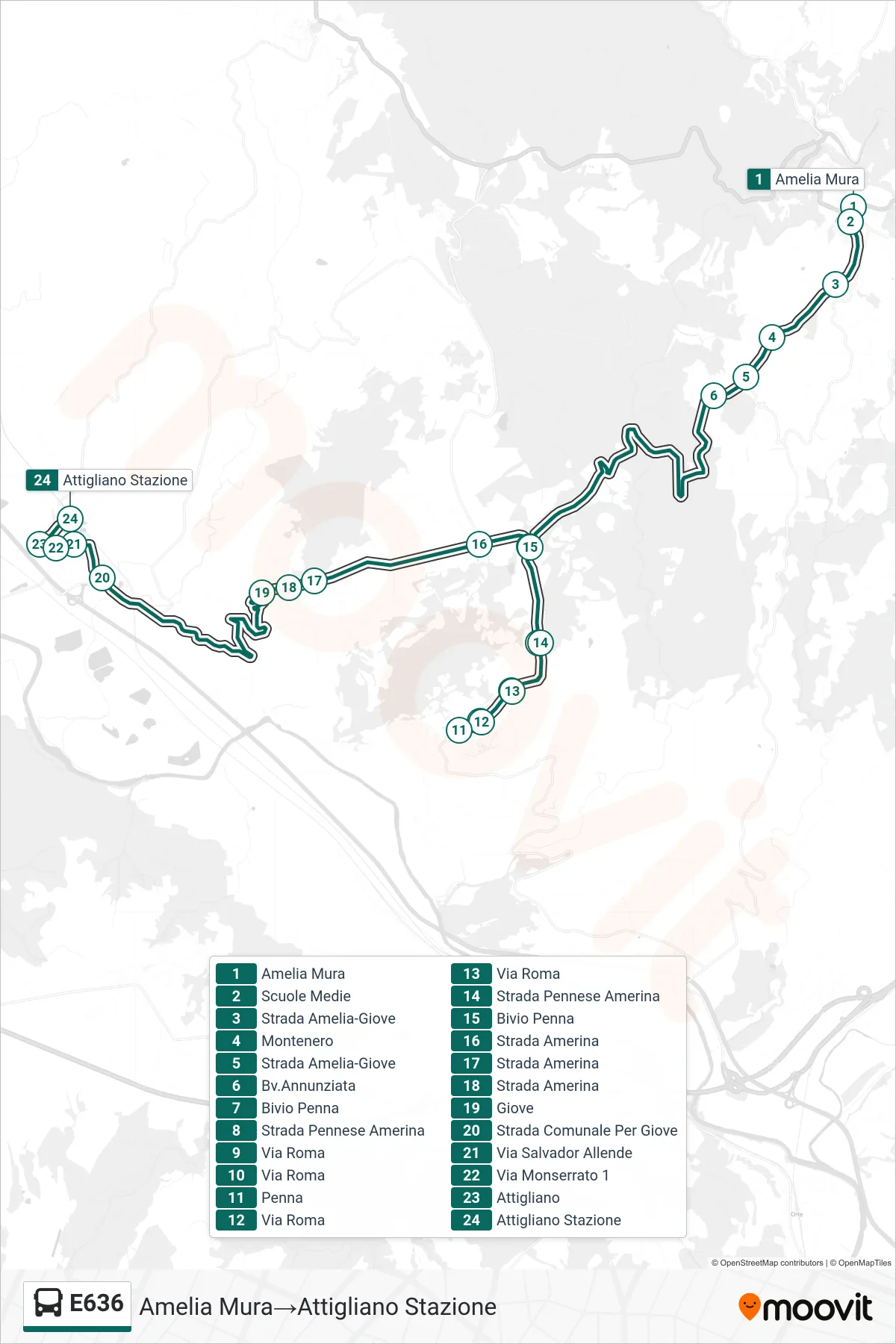 E636 bus Line (Amelia Walls→Attigliano Station) route and stops on a map