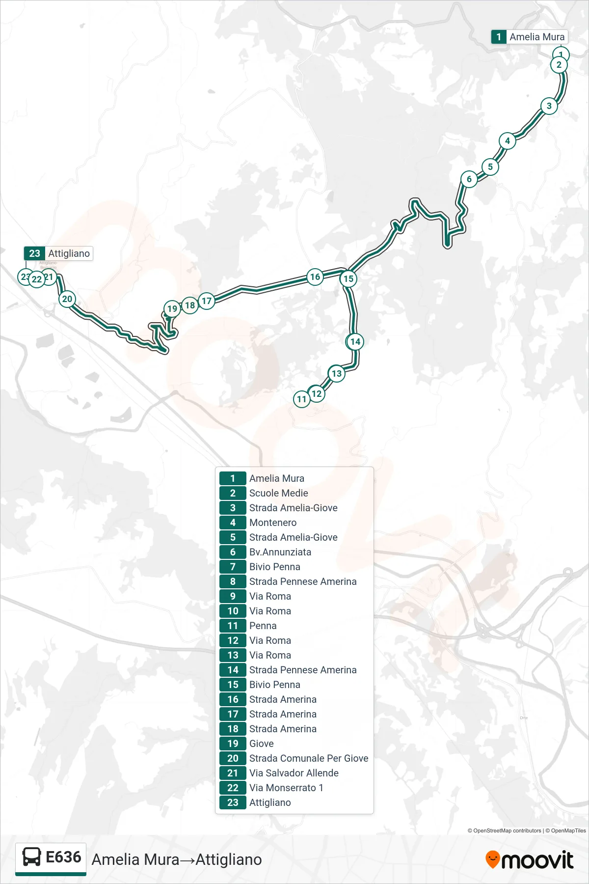Linea E636  bus (Amelia Mura‎→Attigliano) - Percorsi e fermate sulla mappa