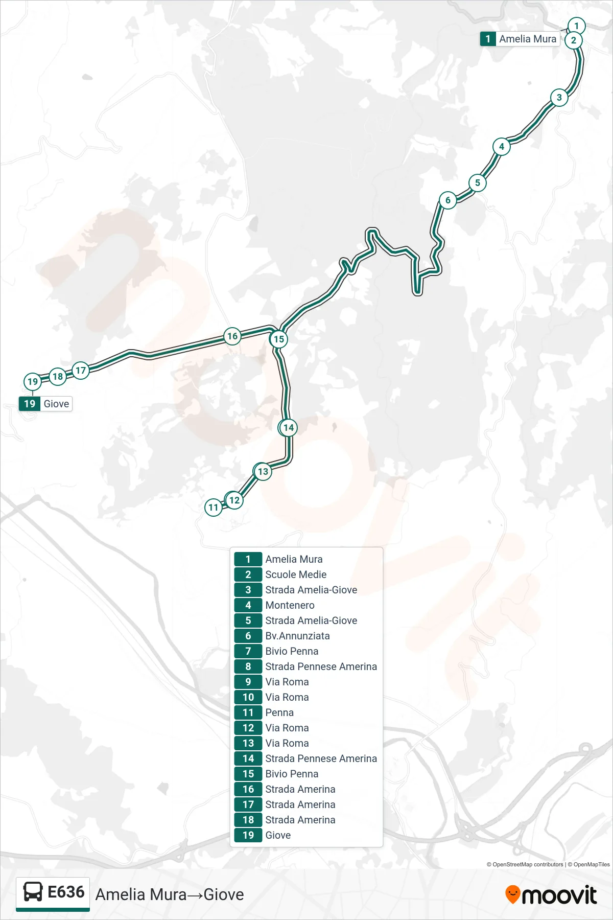 Linea E636 bus (Amelia Mura→Giove) - Percorsi e fermate sulla mappa
