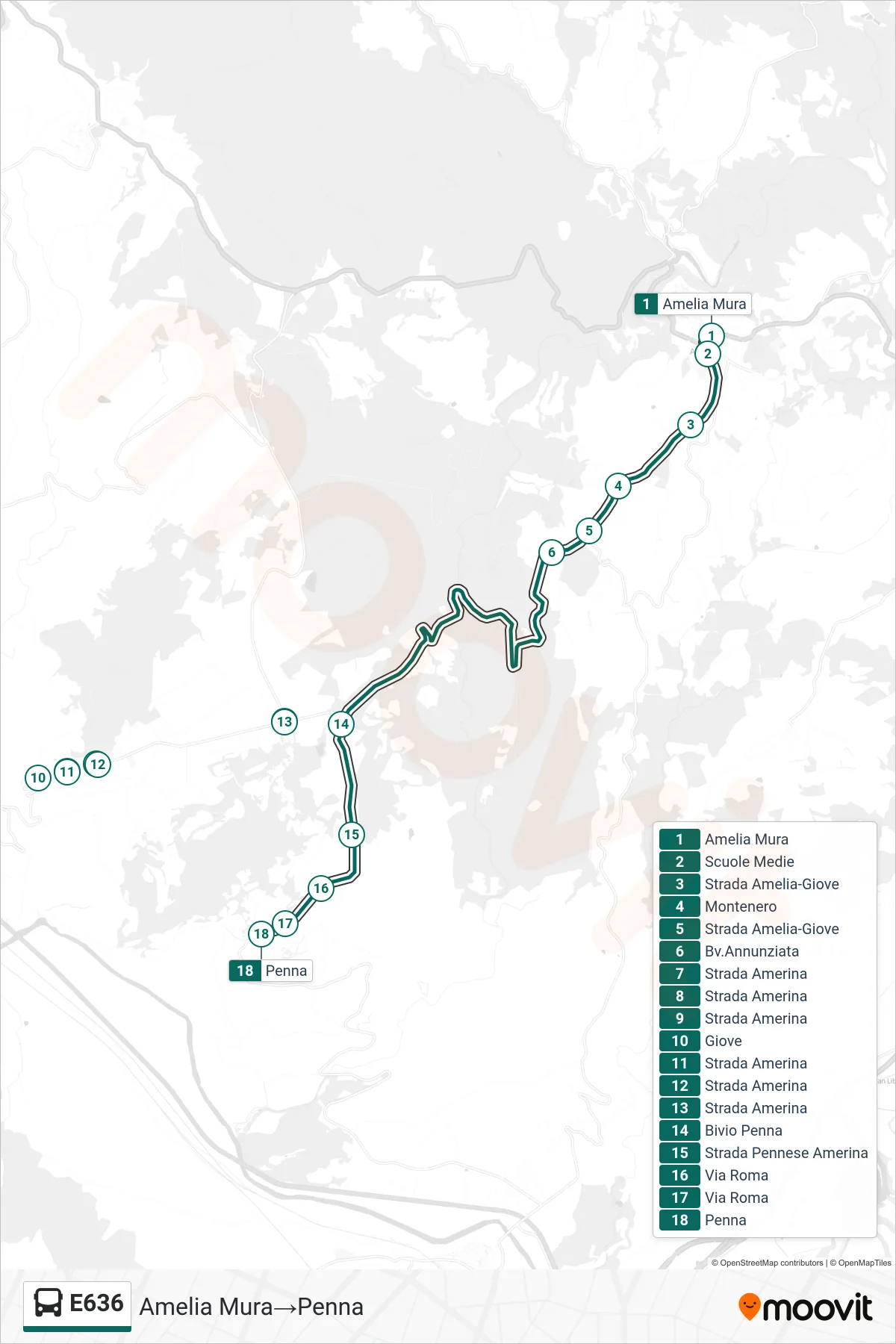 Linea E636 bus (Amelia Mura→Penna) - Percorsi e fermate sulla mappa