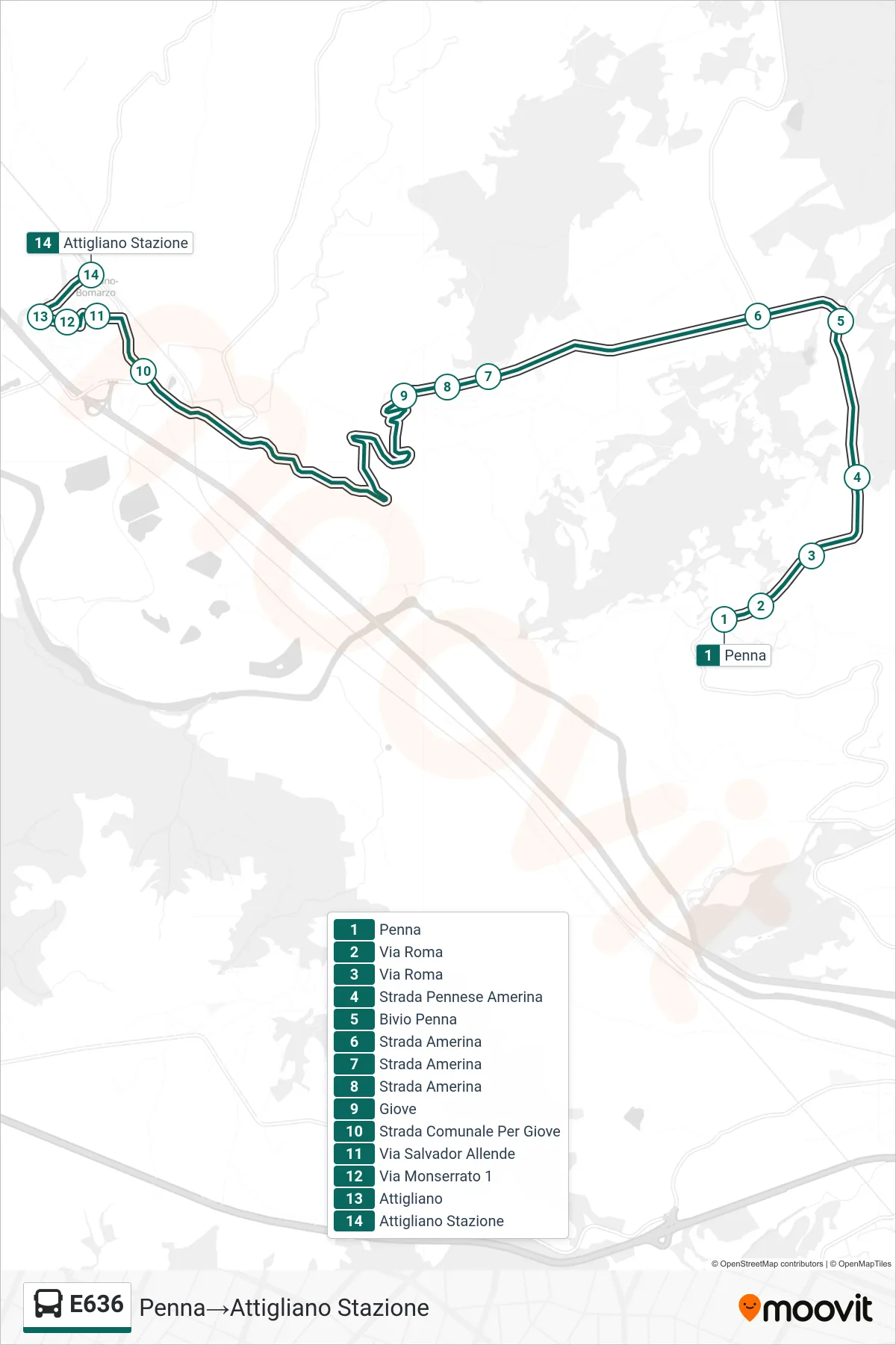 Linea E636  bus (Penna‎→Attigliano Stazione) - Percorsi e fermate sulla mappa
