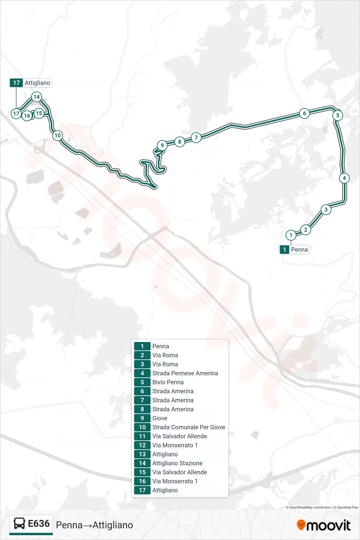 E636 bus Line (Penna→Attigliano) route and stops on a map