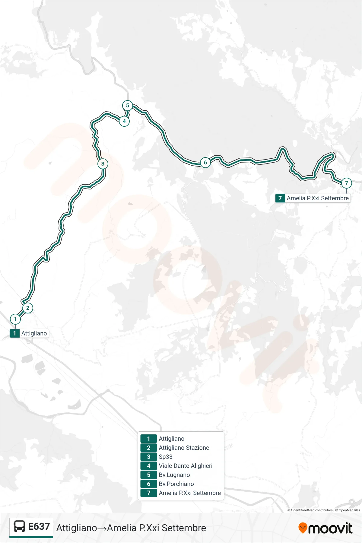 E637 bus Line (Attigliano→Amelia September 21st Square) route and stops on a map