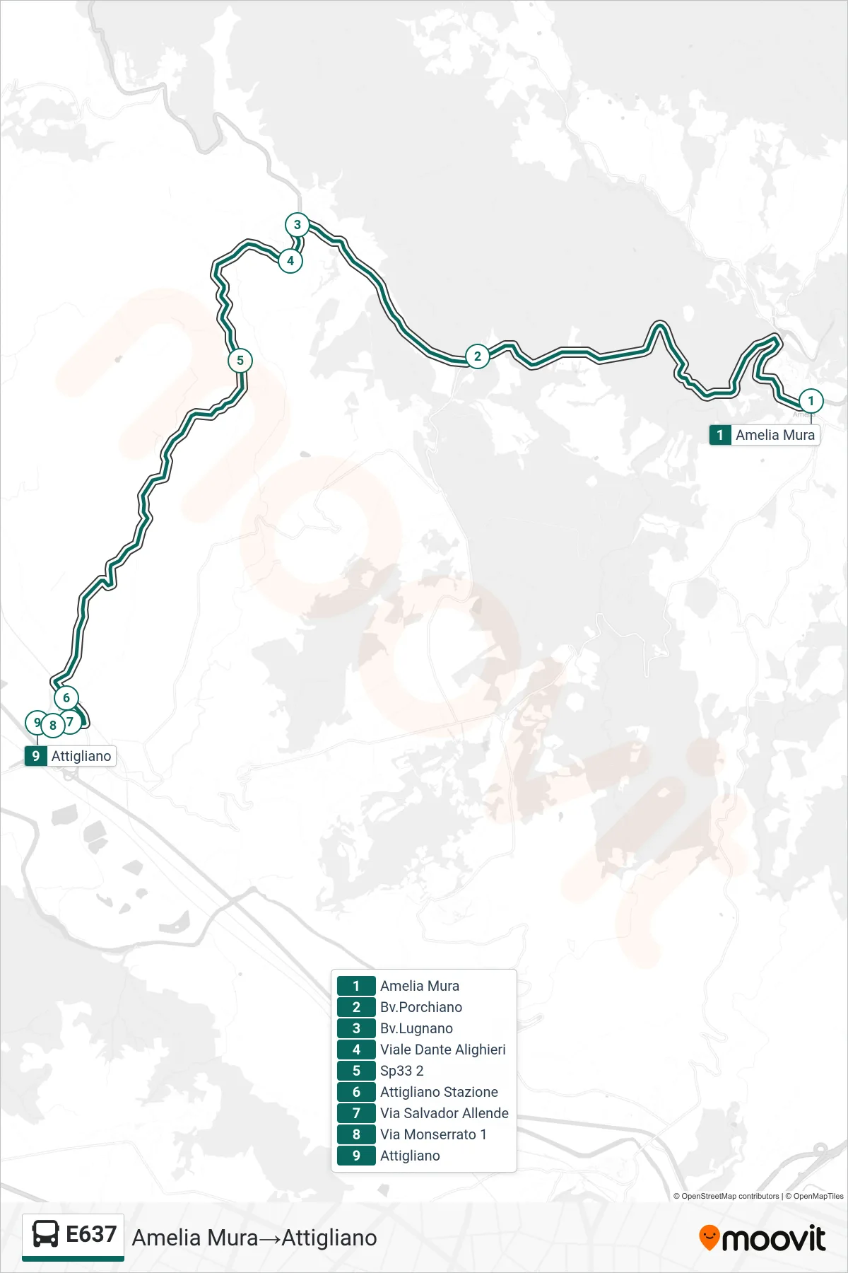 Linea E637  bus (Amelia Mura‎→Attigliano) - Percorsi e fermate sulla mappa