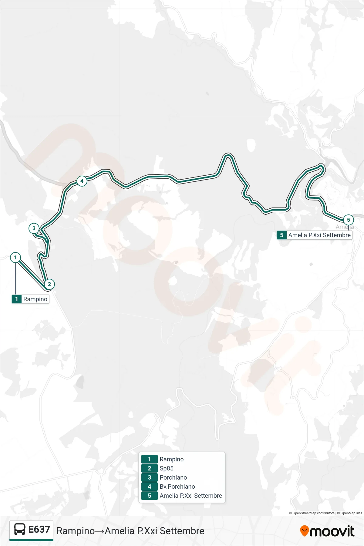 Linea E637 bus (Rampino→Amelia P.Xxi Settembre) - Percorsi e fermate sulla mappa