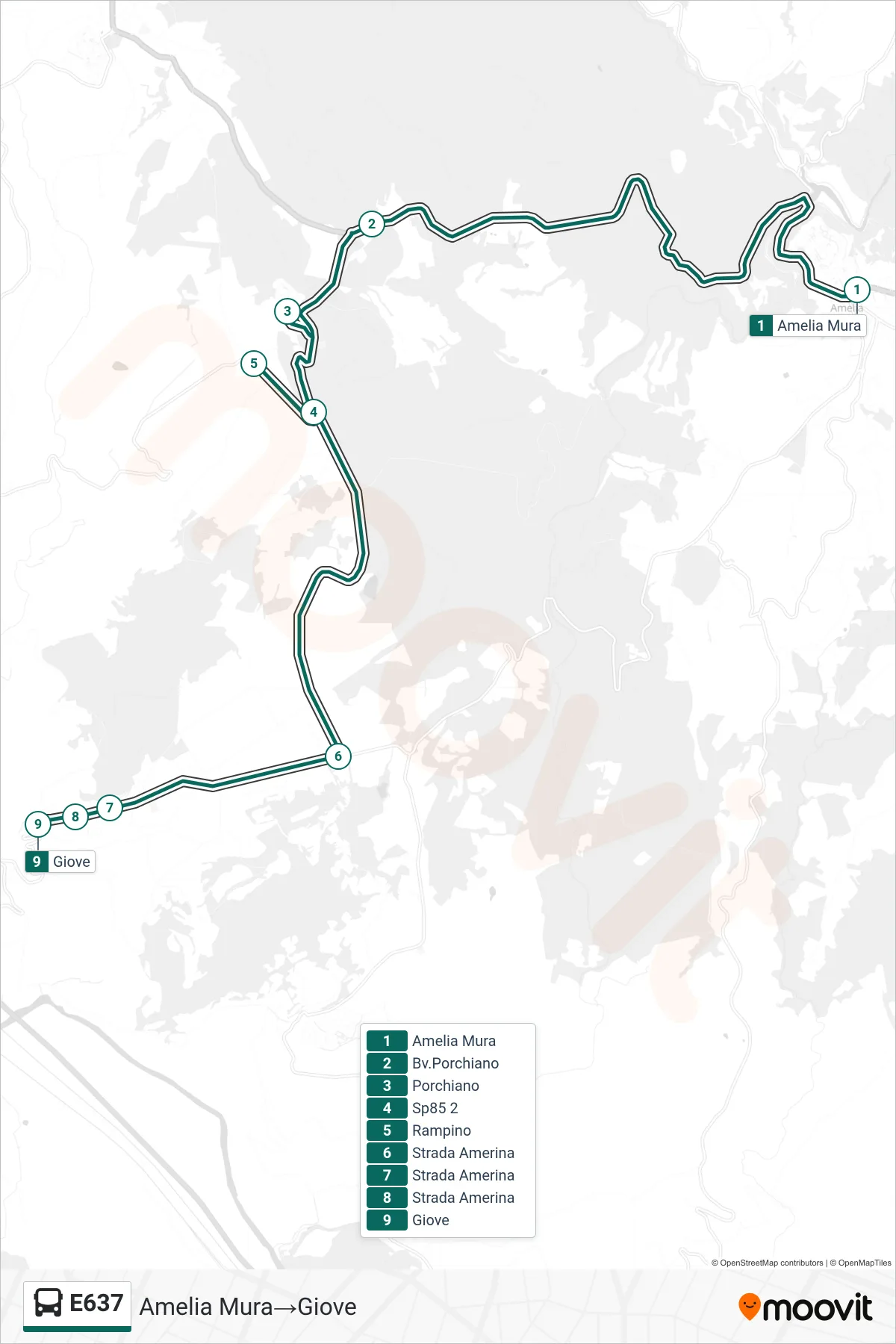 Linea E637  bus (Amelia Mura‎→Giove) - Percorsi e fermate sulla mappa