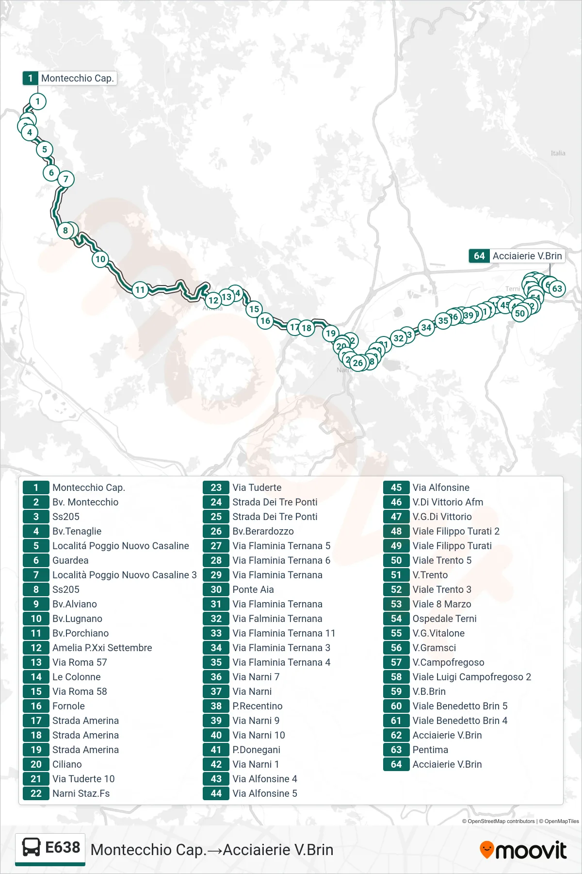 Linea E638  bus (Montecchio Cap.‎→Acciaierie V.Brin) - Percorsi e fermate sulla mappa