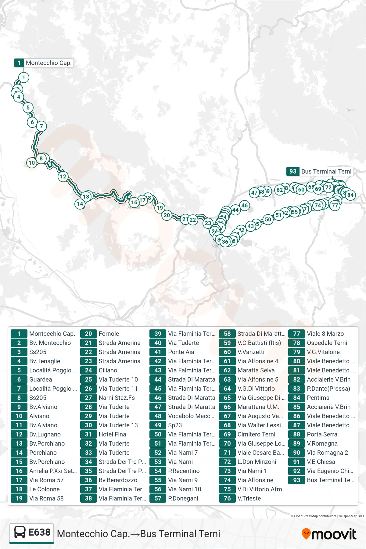 Linea E638 bus (Montecchio Cap.→Bus Terminal Terni) - Percorsi e fermate sulla mappa
