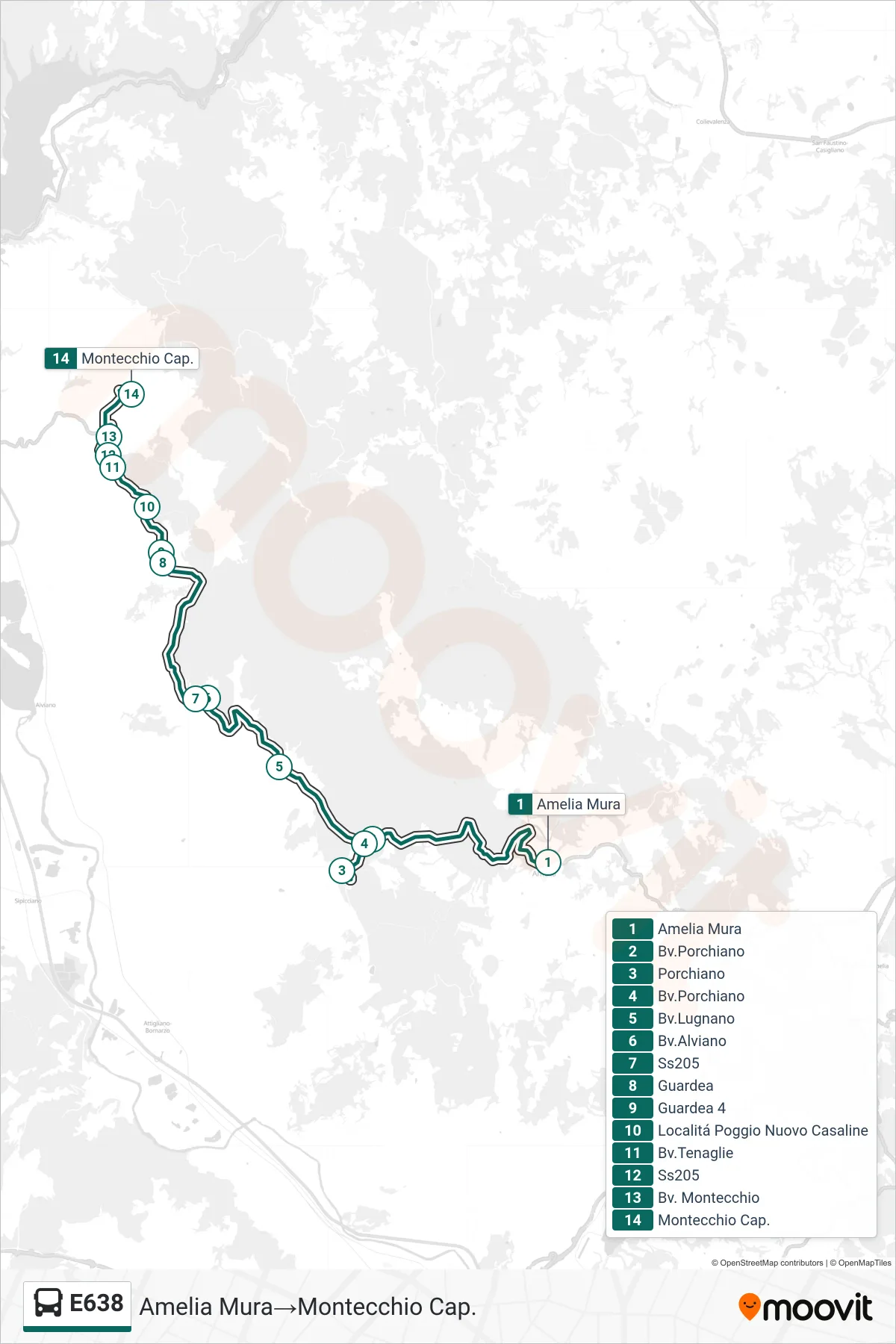 Linea E638 bus (Amelia Mura→Montecchio Cap.) - Percorsi e fermate sulla mappa