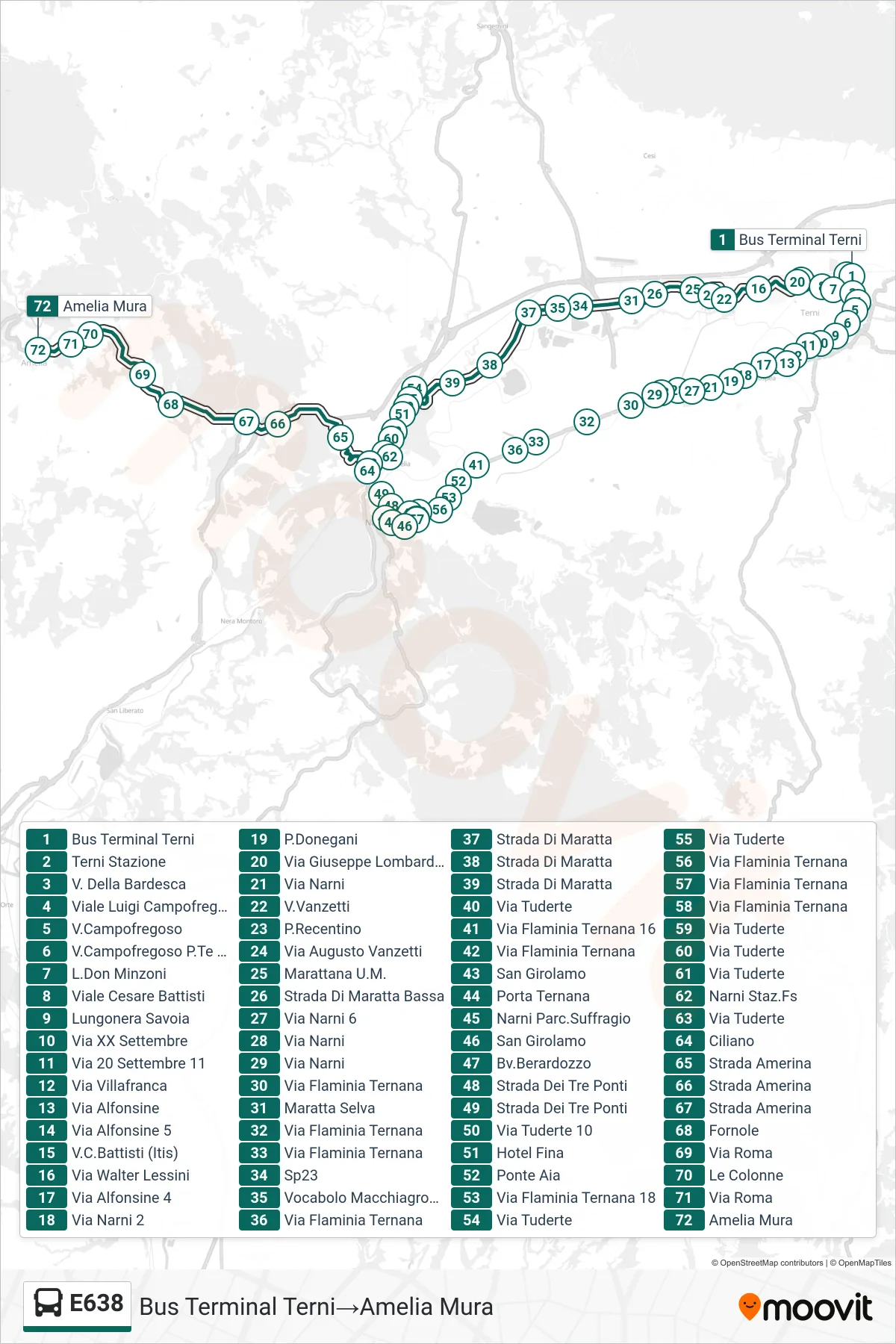 Linea E638 bus (Bus Terminal Terni→Amelia Mura) - Percorsi e fermate sulla mappa