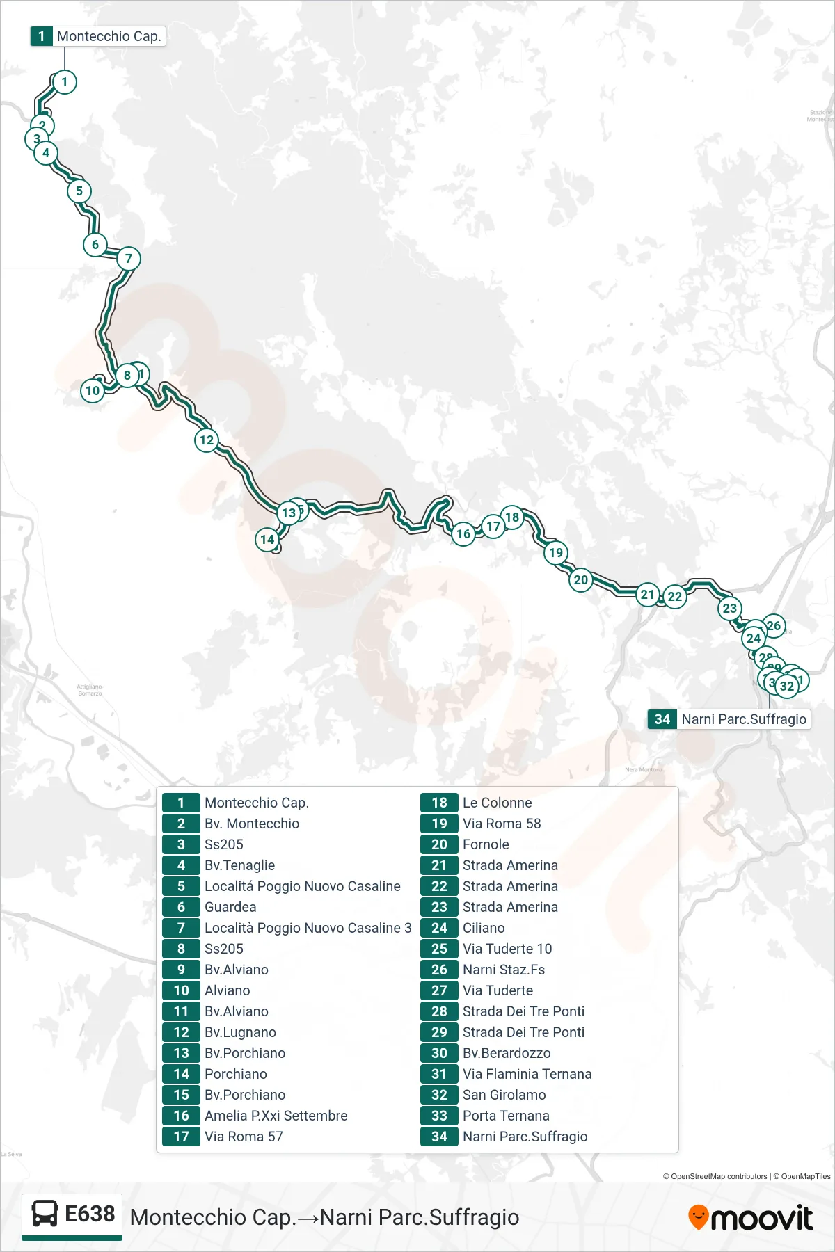 Linea E638 bus (Montecchio Cap.→Narni Parc.Suffragio) - Percorsi e fermate sulla mappa