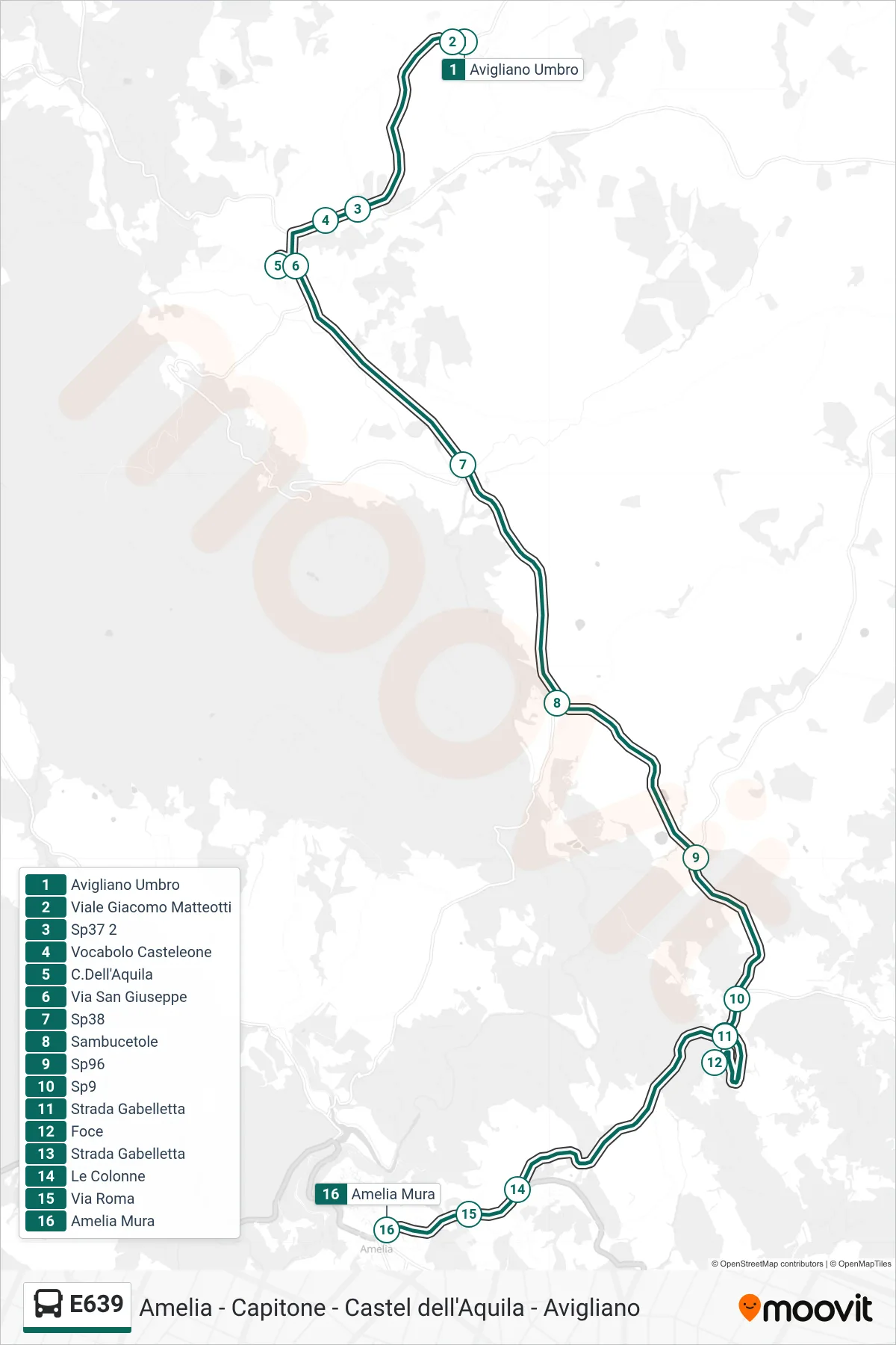 Linea E639 bus (Avigliano Umbro→Amelia Mura) - Percorsi e fermate sulla mappa