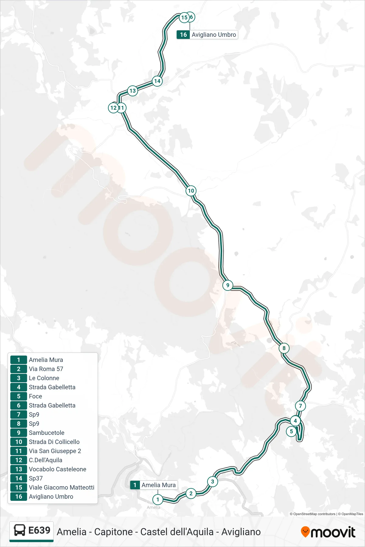 Linea E639  bus (Amelia Mura‎→Avigliano Umbro) - Percorsi e fermate sulla mappa