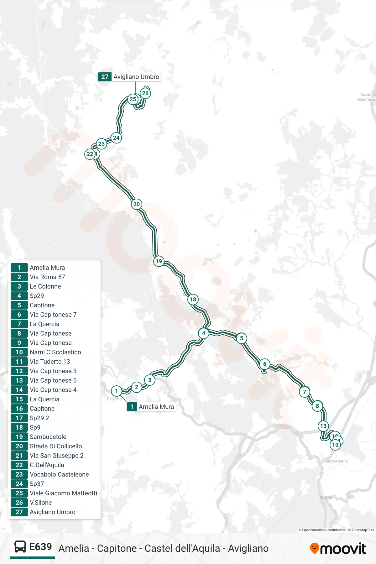 Linea E639  bus (Amelia Mura‎→Avigliano Umbro) - Percorsi e fermate sulla mappa