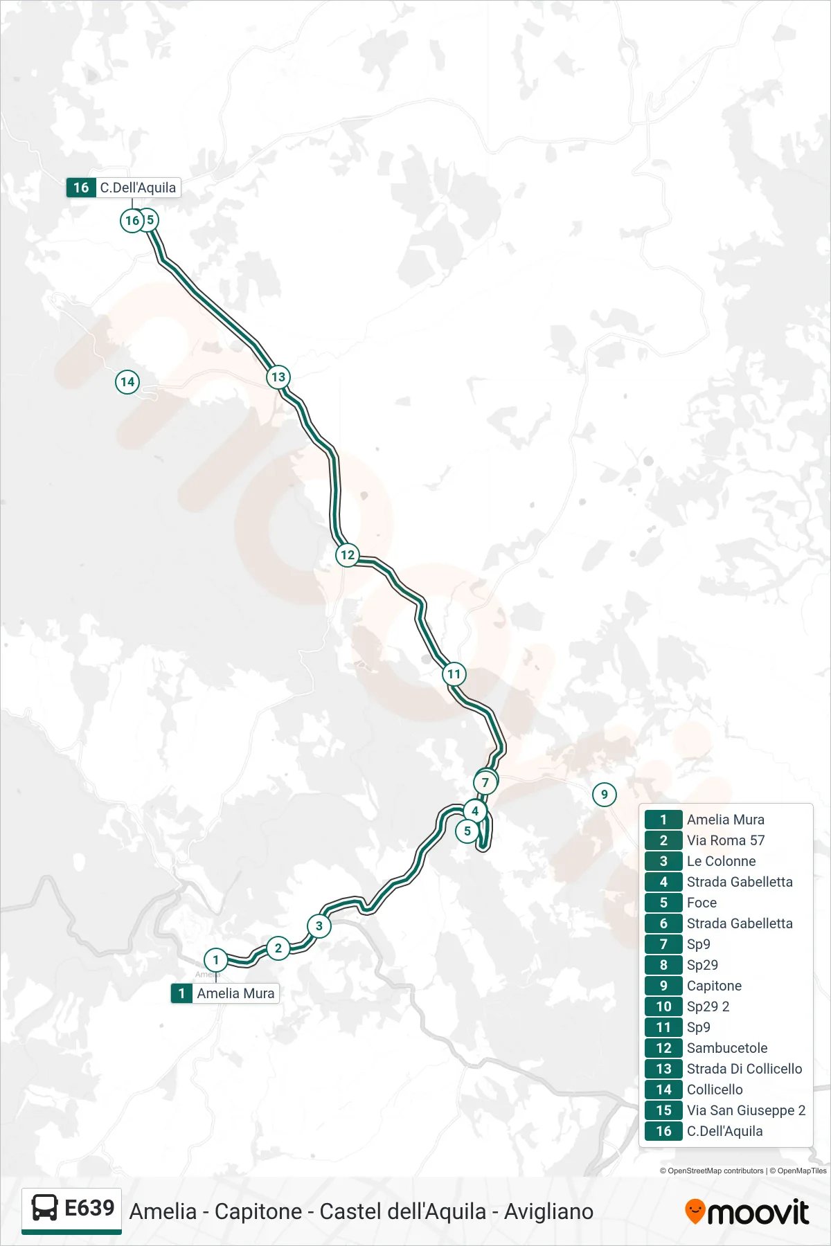 Linea E639 bus (Amelia Mura→C.Dell'Aquila) - Percorsi e fermate sulla mappa
