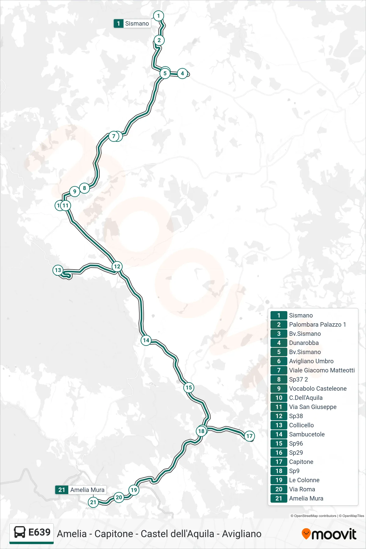 Linea E639 bus (Sismano→Amelia Mura) - Percorsi e fermate sulla mappa