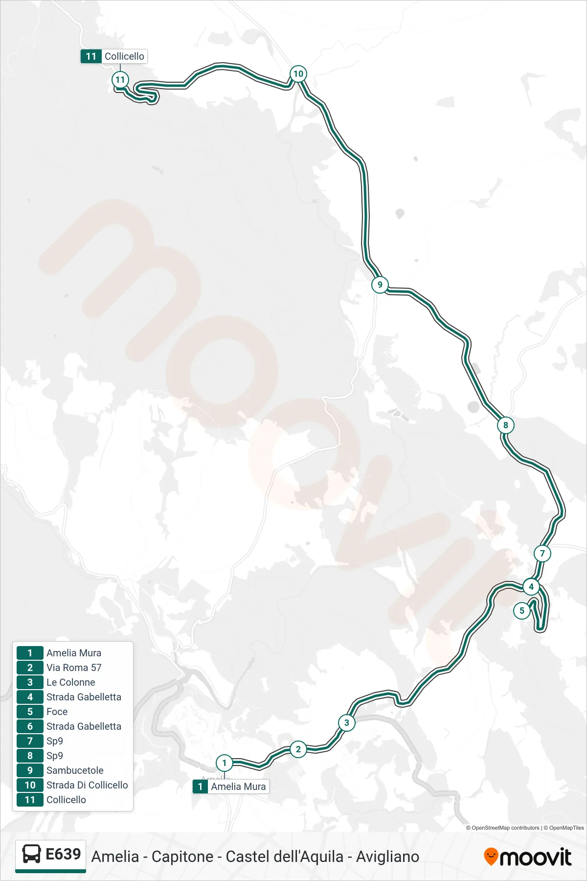 Linea E639 bus (Amelia Mura→Collicello) - Percorsi e fermate sulla mappa