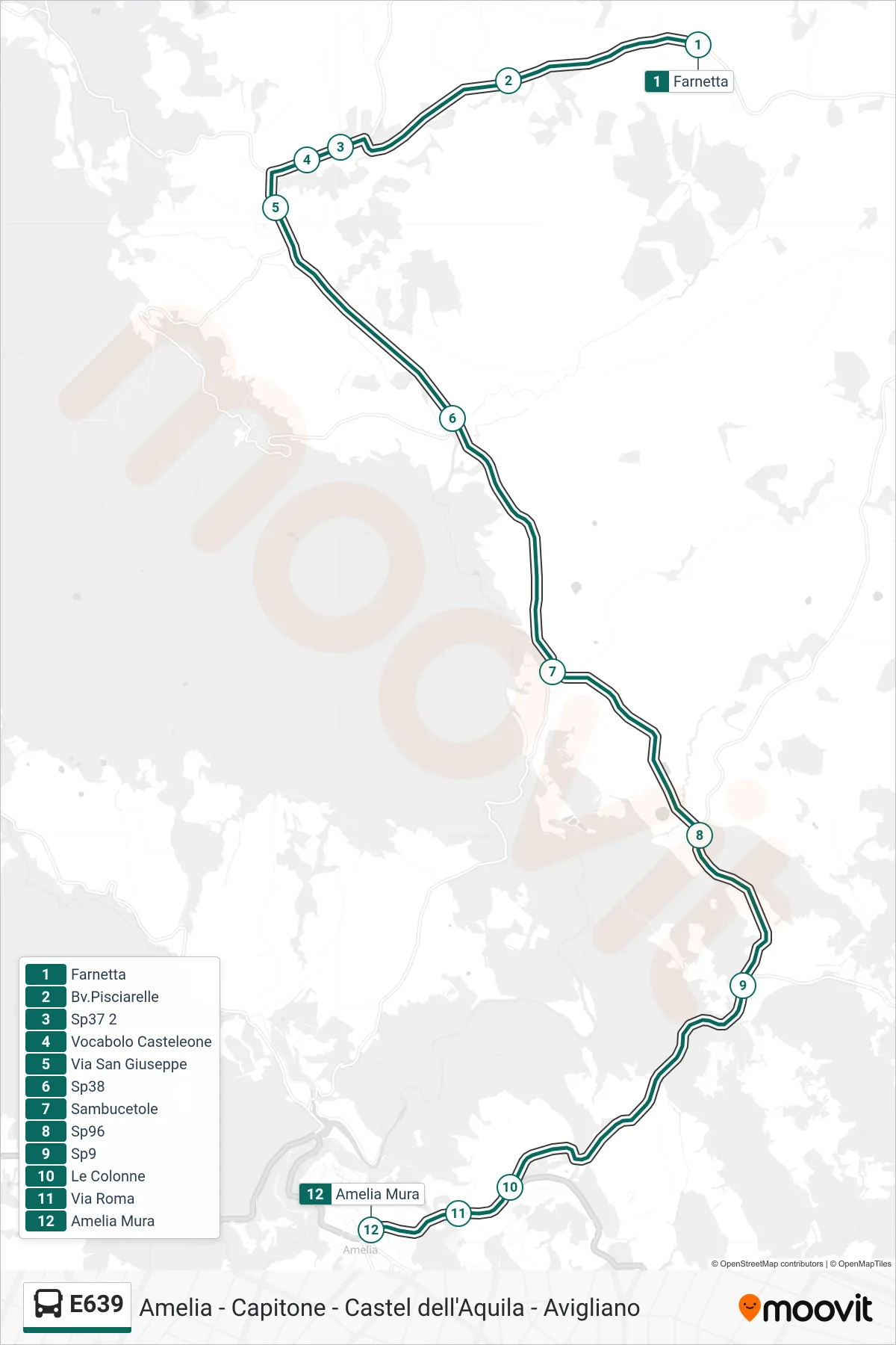 Linea E639 bus (Farnetta→Amelia Mura) - Percorsi e fermate sulla mappa