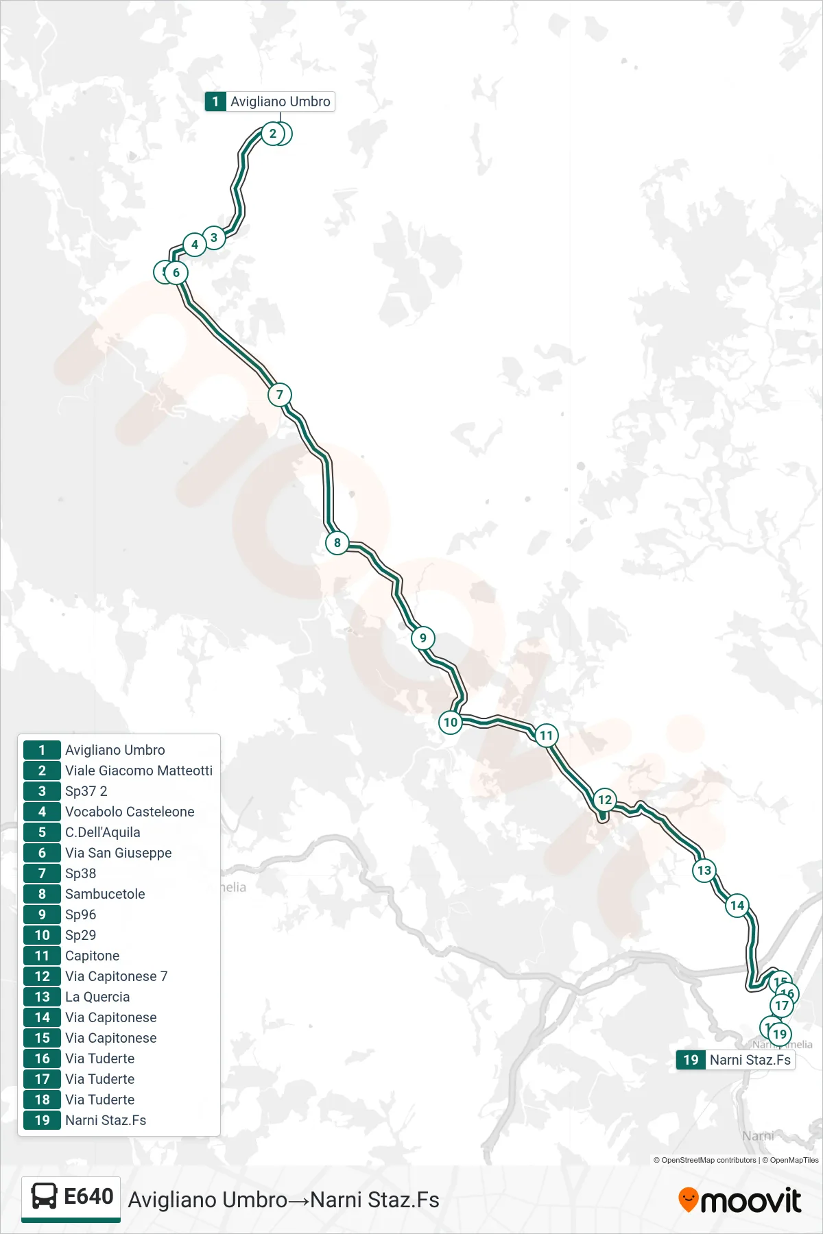 E640 bus Line (Avigliano Umbro→Narni Railway Station) route and stops on a map