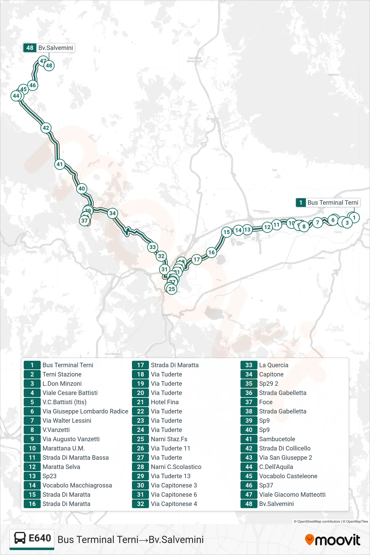 Linea E640 bus (Bus Terminal Terni→Bv.Salvemini) - Percorsi e fermate sulla mappa