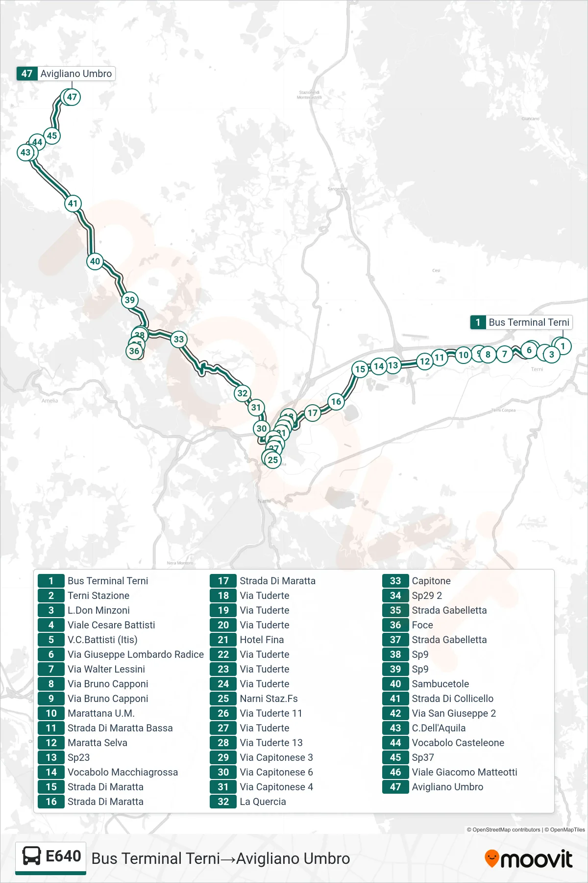 Linea E640  bus (Bus Terminal Terni‎→Avigliano Umbro) - Percorsi e fermate sulla mappa