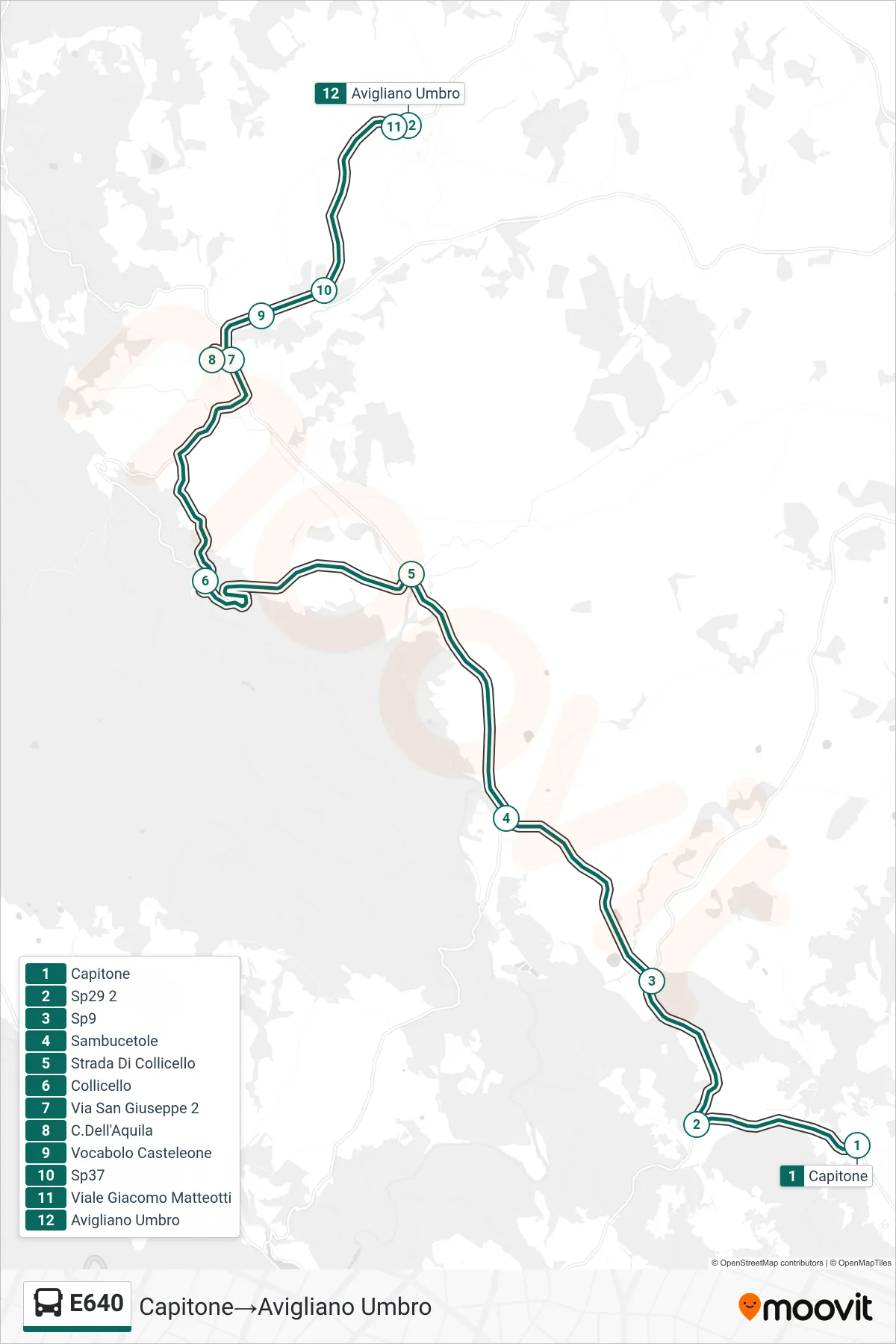 E640 bus Line (Capitone→Avigliano Umbro) route and stops on a map