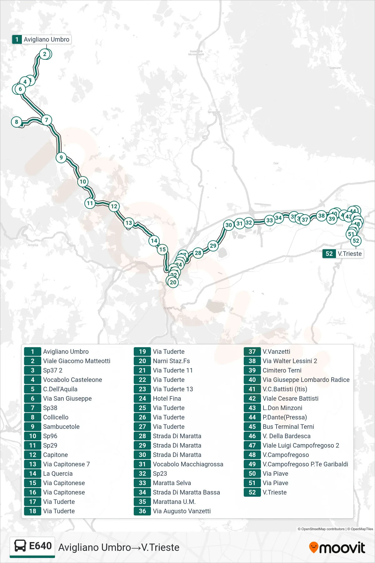E640 bus Line (Avigliano Umbro→Via Trieste) route and stops on a map