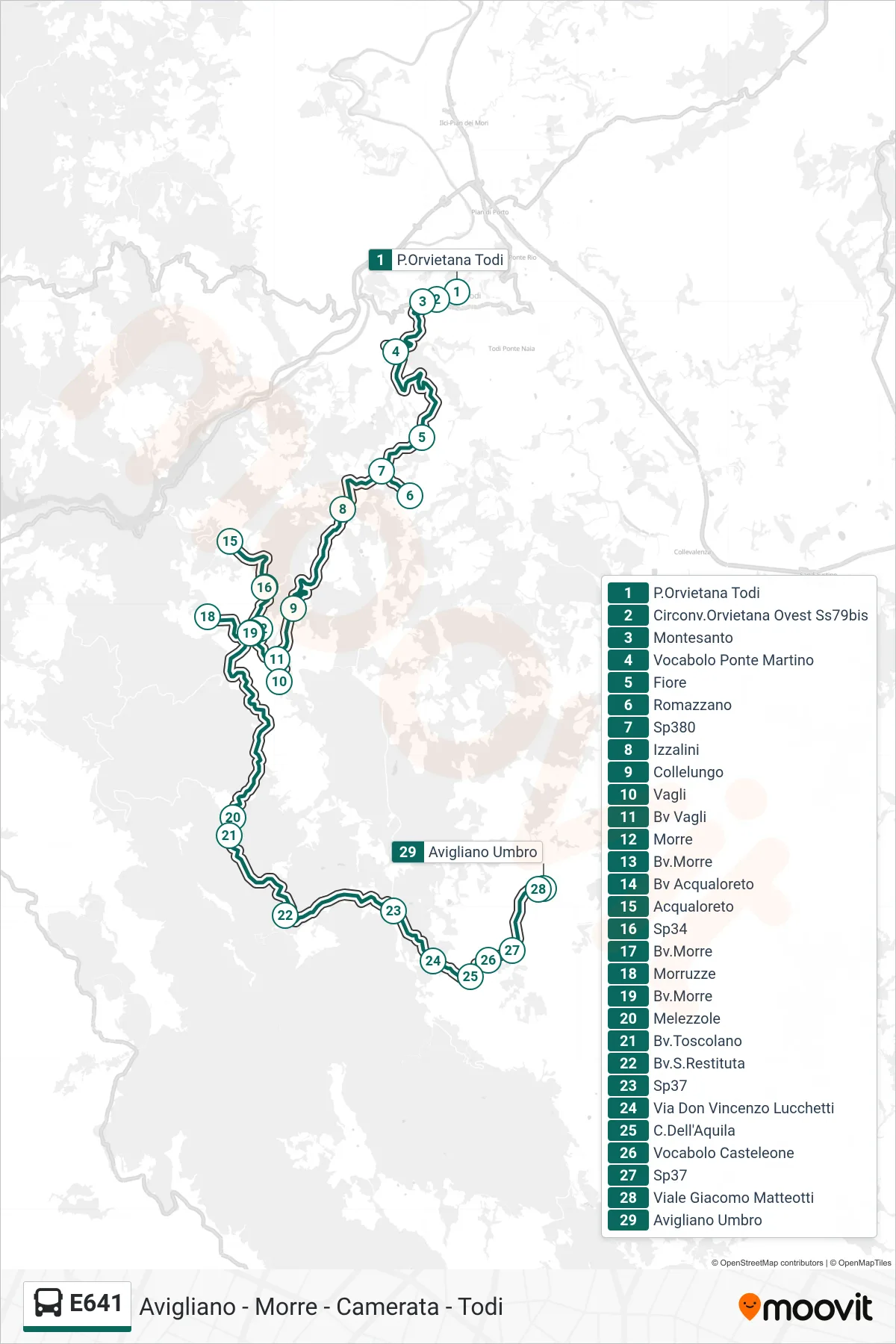 Linea E641 bus (P.Orvietana Todi→Avigliano Umbro) - Percorsi e fermate sulla mappa