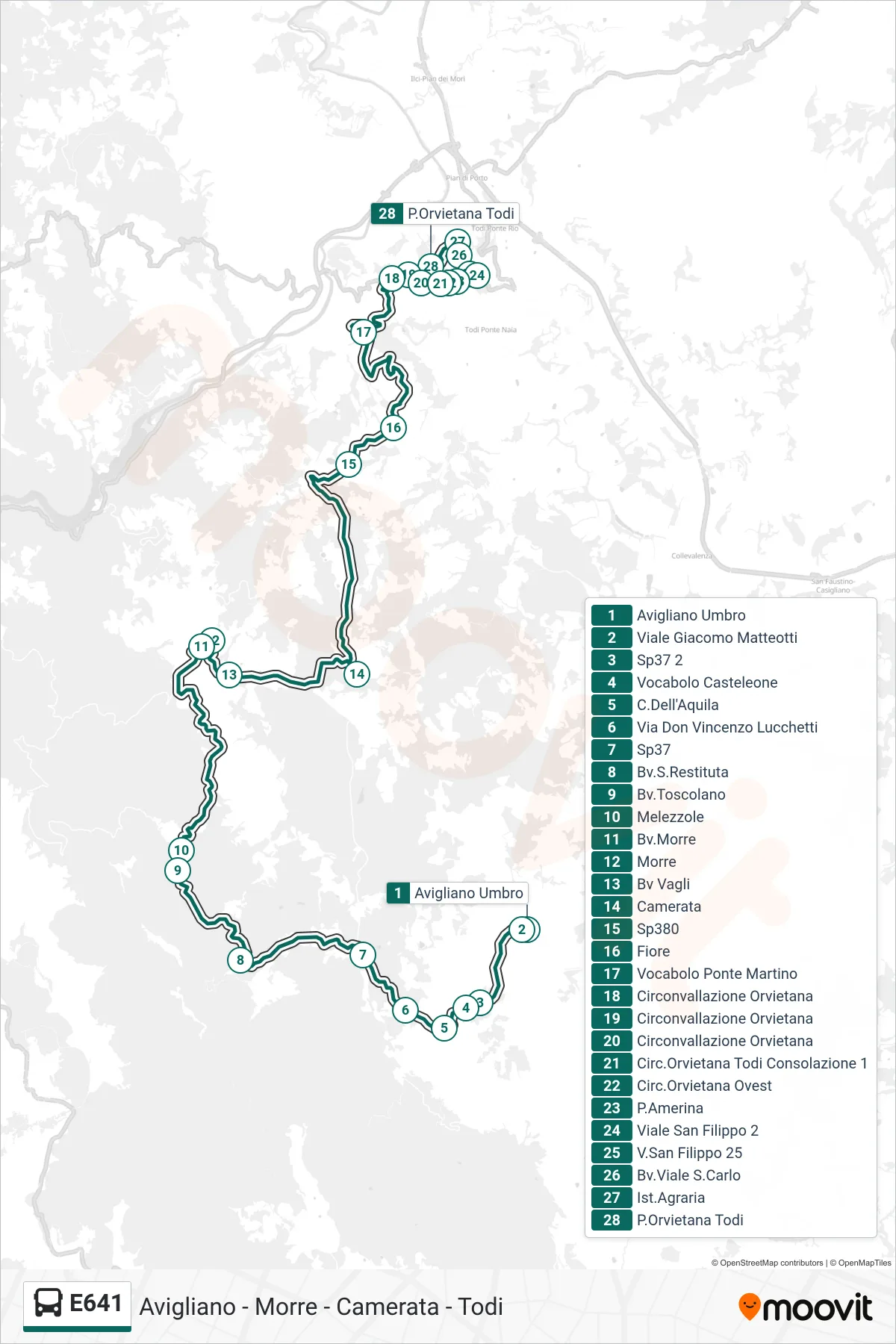 Linea E641  bus (Avigliano Umbro‎→P.Orvietana Todi) - Percorsi e fermate sulla mappa