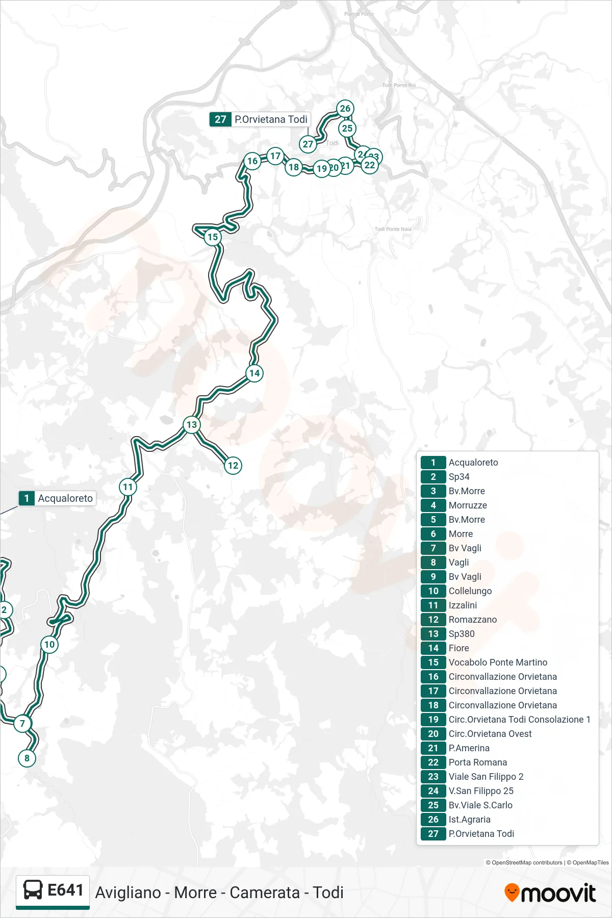 E641 bus Line (Acqualoreto→Orvieto Gate Todi) route and stops on a map
