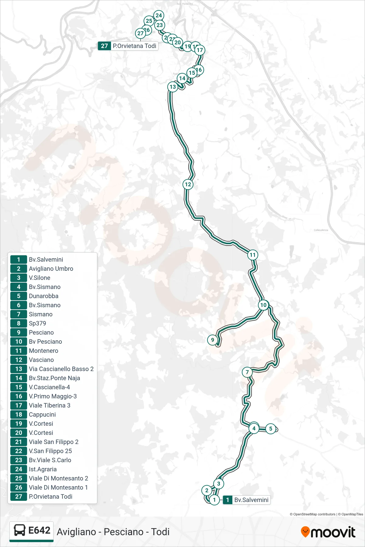 Linea E642 bus (Bv.Salvemini→P.Orvietana Todi) - Percorsi e fermate sulla mappa