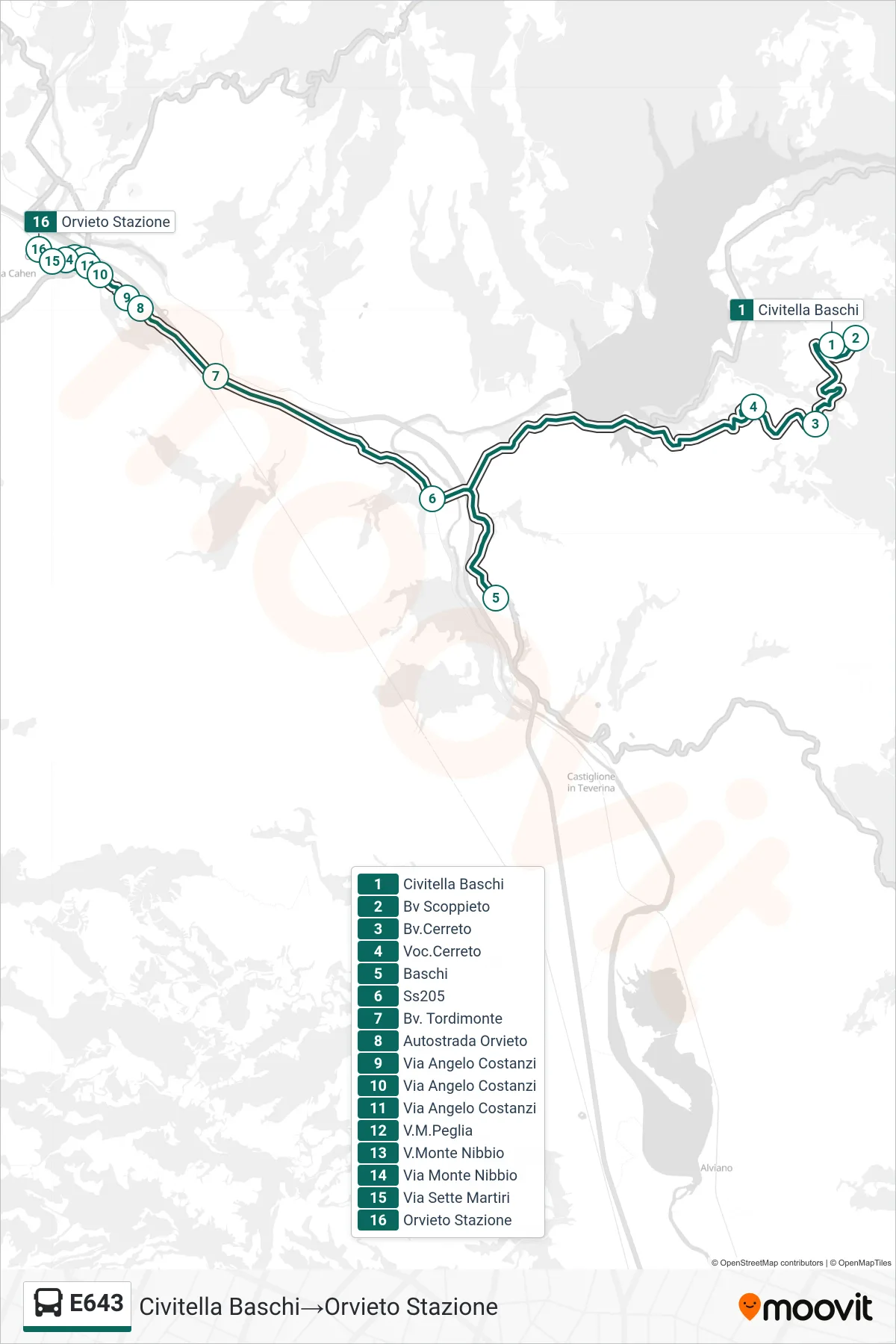 Linea E643 bus (Civitella Baschi→Orvieto Stazione) - Percorsi e fermate sulla mappa