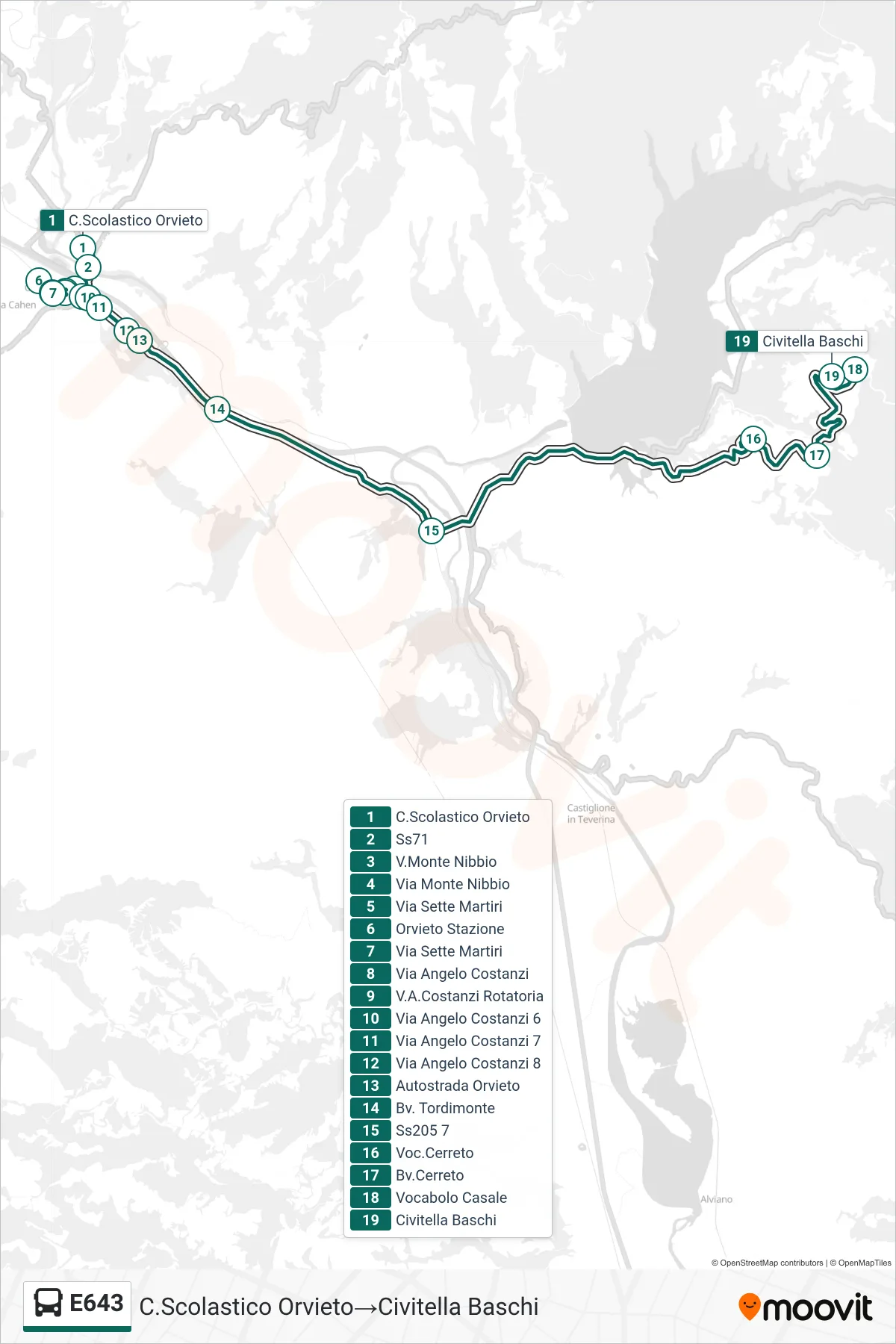 Linea E643 bus (C.Scolastico Orvieto→Civitella Baschi) - Percorsi e fermate sulla mappa
