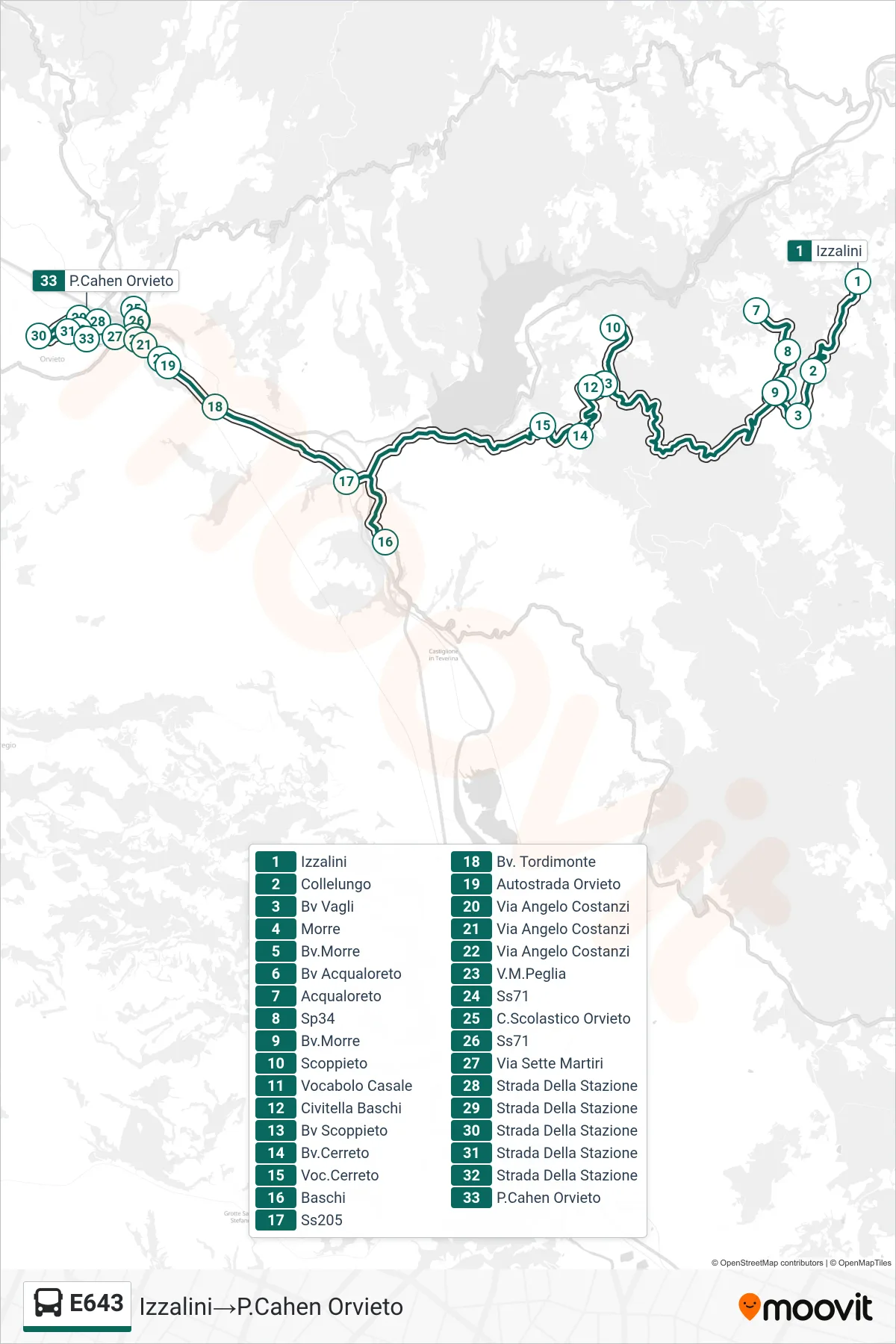 Linea E643 bus (Izzalini→P.Cahen Orvieto) - Percorsi e fermate sulla mappa