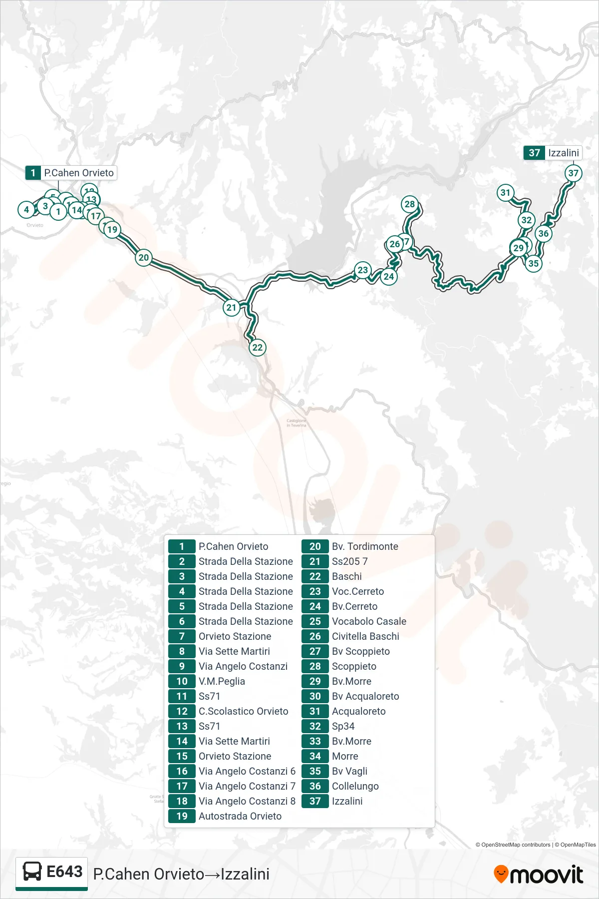 Linea E643  bus (P.Cahen Orvieto‎→Izzalini) - Percorsi e fermate sulla mappa