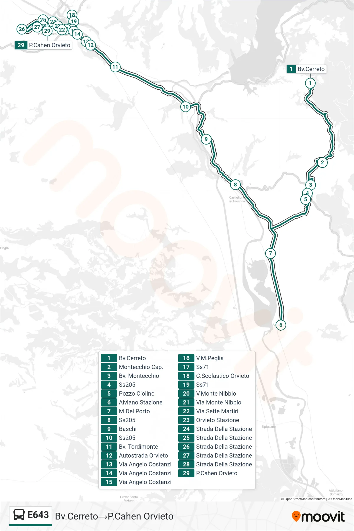 Linea E643 bus (Bv.Cerreto→P.Cahen Orvieto) - Percorsi e fermate sulla mappa