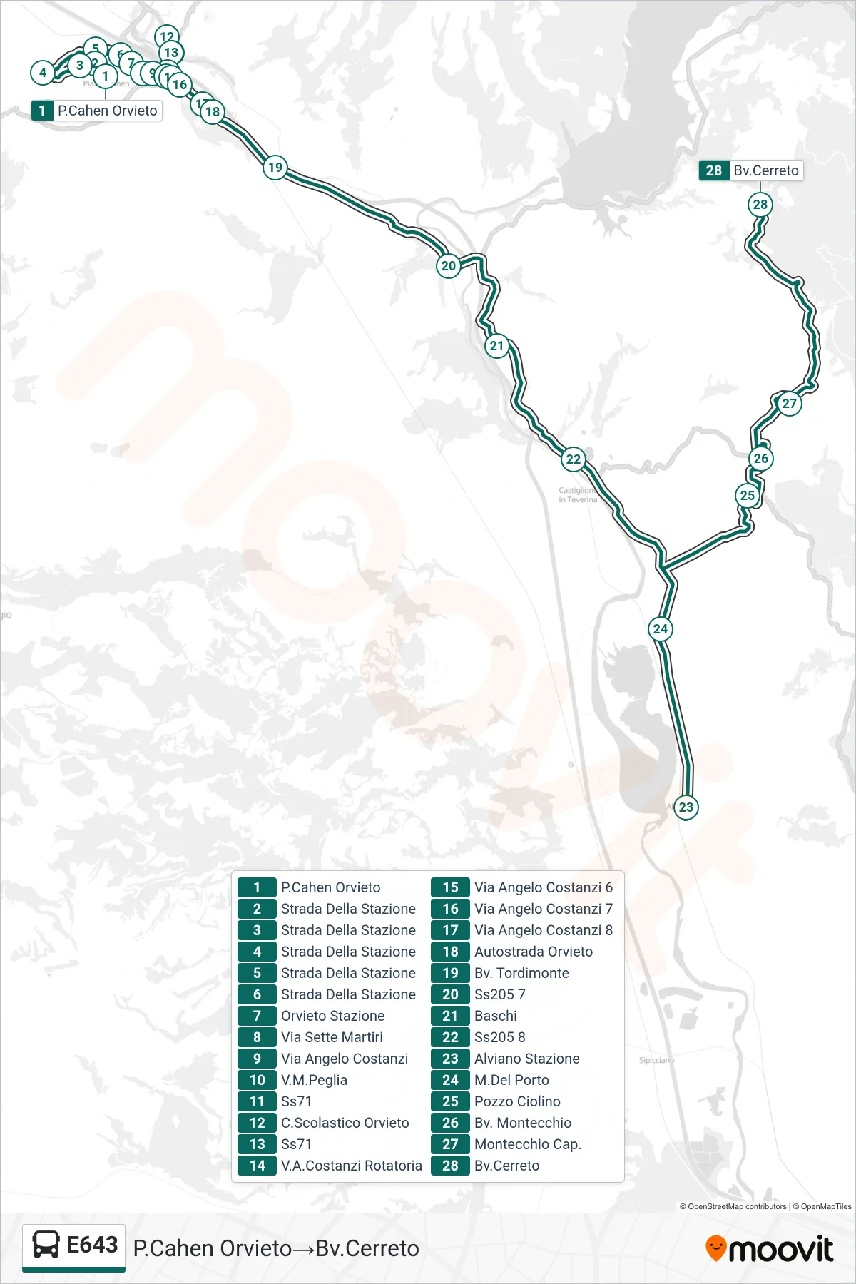 Linea E643 bus (P.Cahen Orvieto→Bv.Cerreto) - Percorsi e fermate sulla mappa