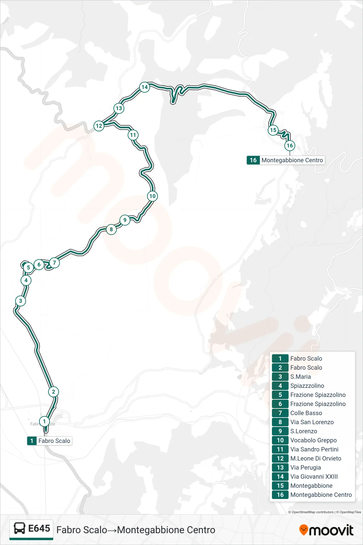 E645 bus Line (Fabro Station‎→Montegabbione Center) route and stops on a map