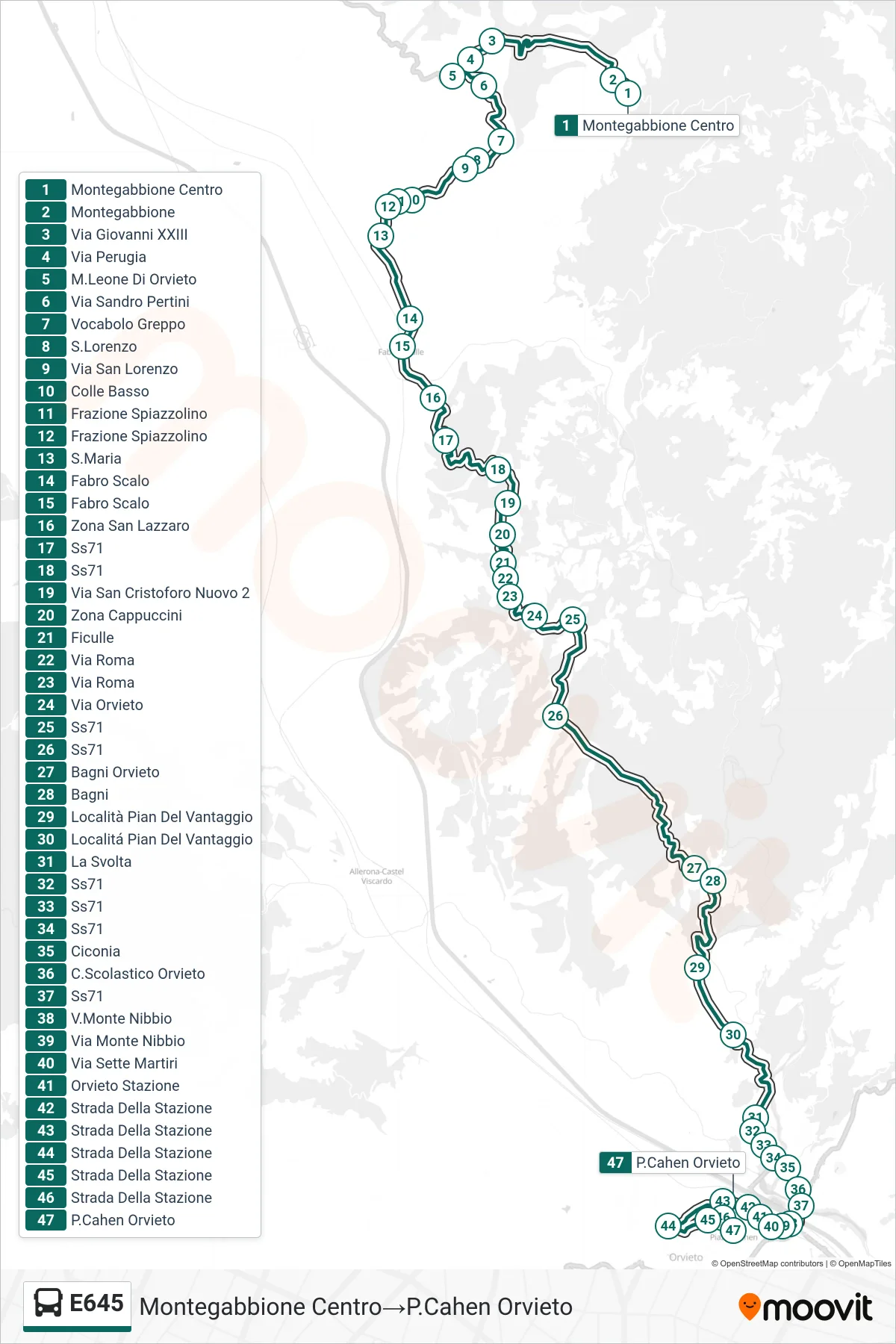 Linea E645  bus (Montegabbione Centro‎→P.Cahen Orvieto) - Percorsi e fermate sulla mappa