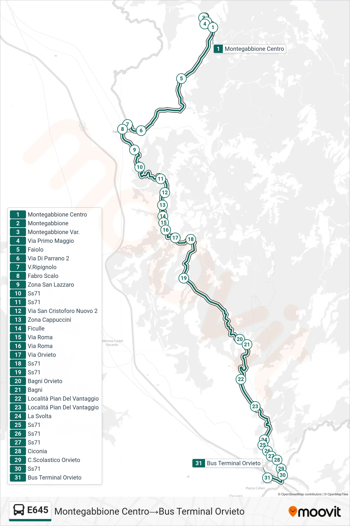 Linea E645  bus (Montegabbione Centro‎→Bus Terminal Orvieto) - Percorsi e fermate sulla mappa