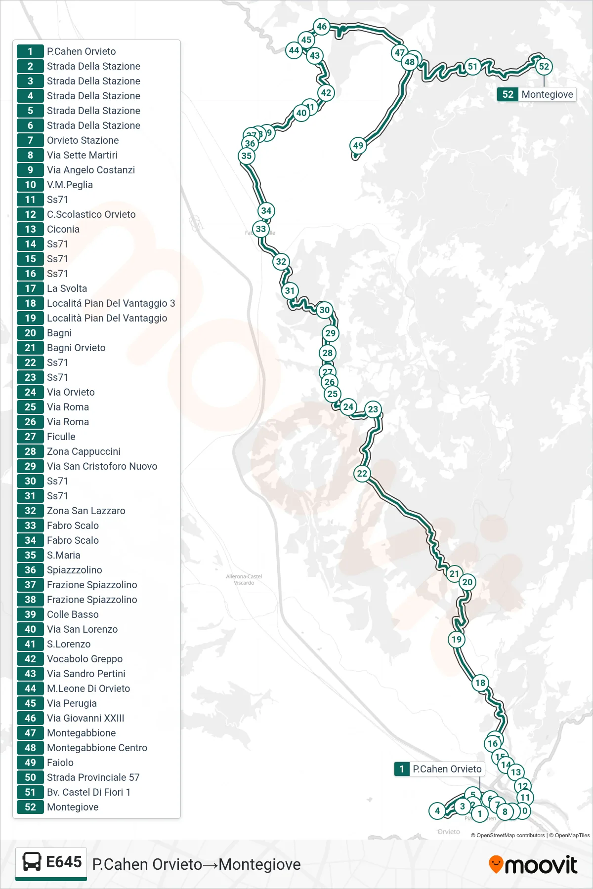 E645 bus Line (Cahen Square Orvieto‎→Montegiove) route and stops on a map