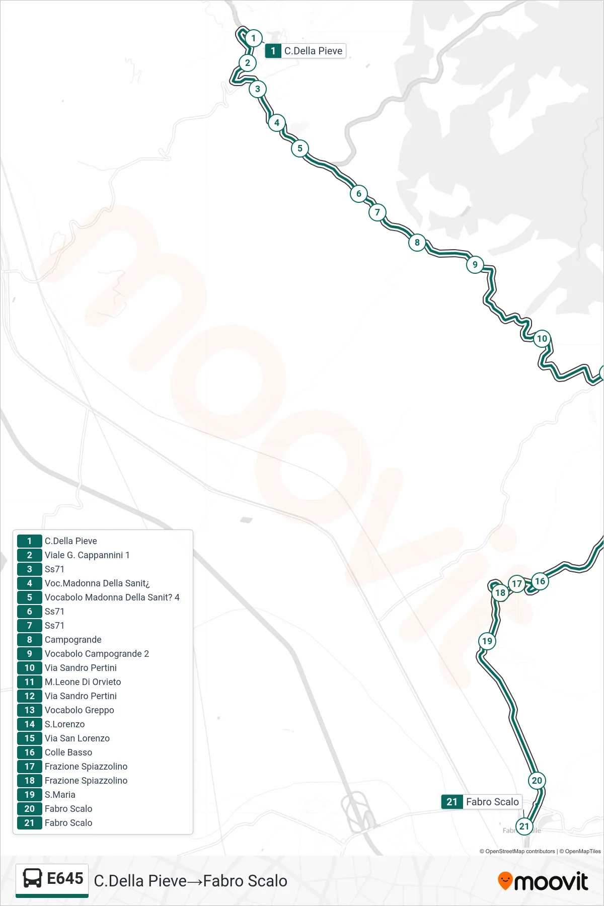 Linea E645 bus (C.Della Pieve→Fabro Scalo) - Percorsi e fermate sulla mappa