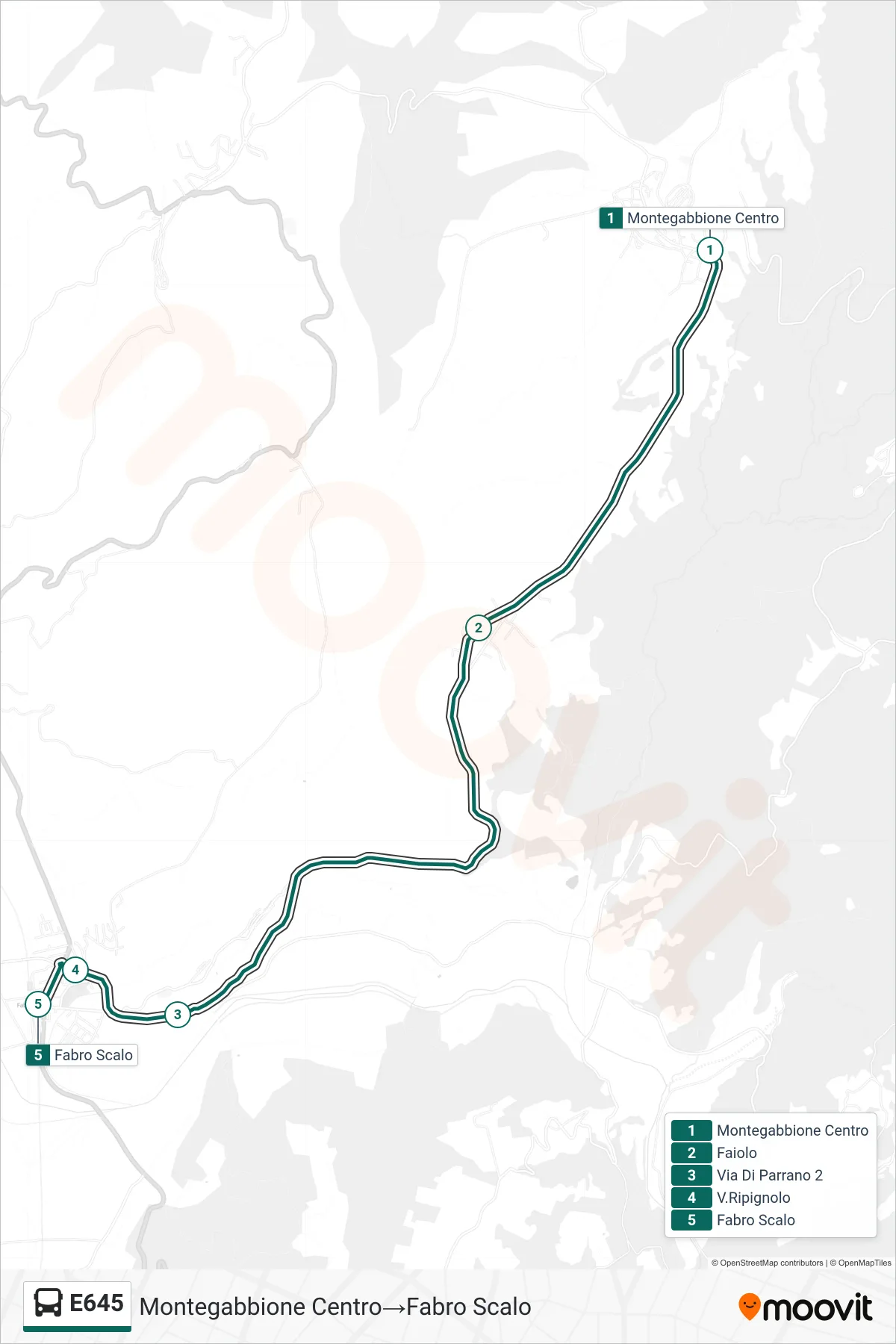 E645 bus Line (Montegabbione Center→Fabro Station) route and stops on a map
