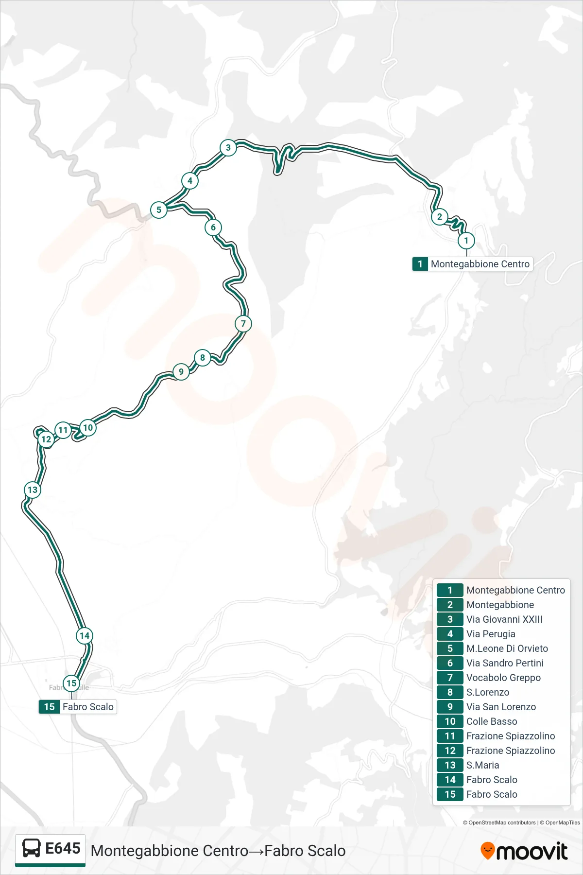 E645 bus Line (Montegabbione Center→Fabro Station) route and stops on a map