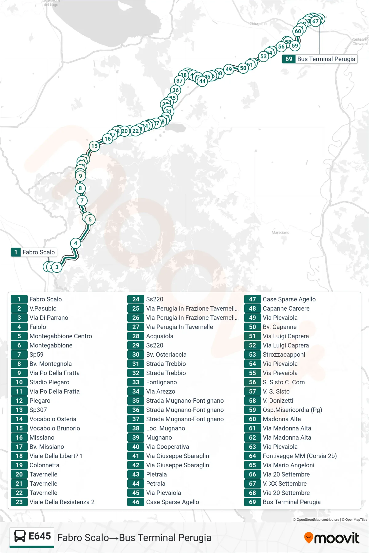 Linea E645 bus (Fabro Scalo→Bus Terminal Perugia) - Percorsi e fermate sulla mappa