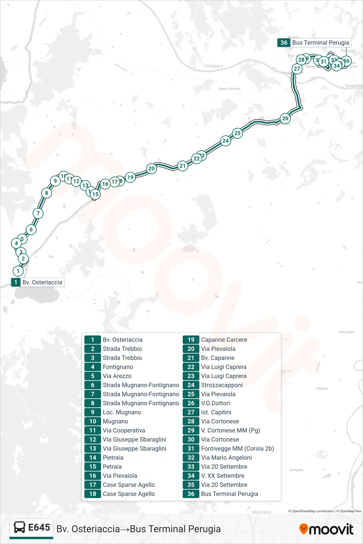 Linea E645 bus (Bv. Osteriaccia→Bus Terminal Perugia) - Percorsi e fermate sulla mappa